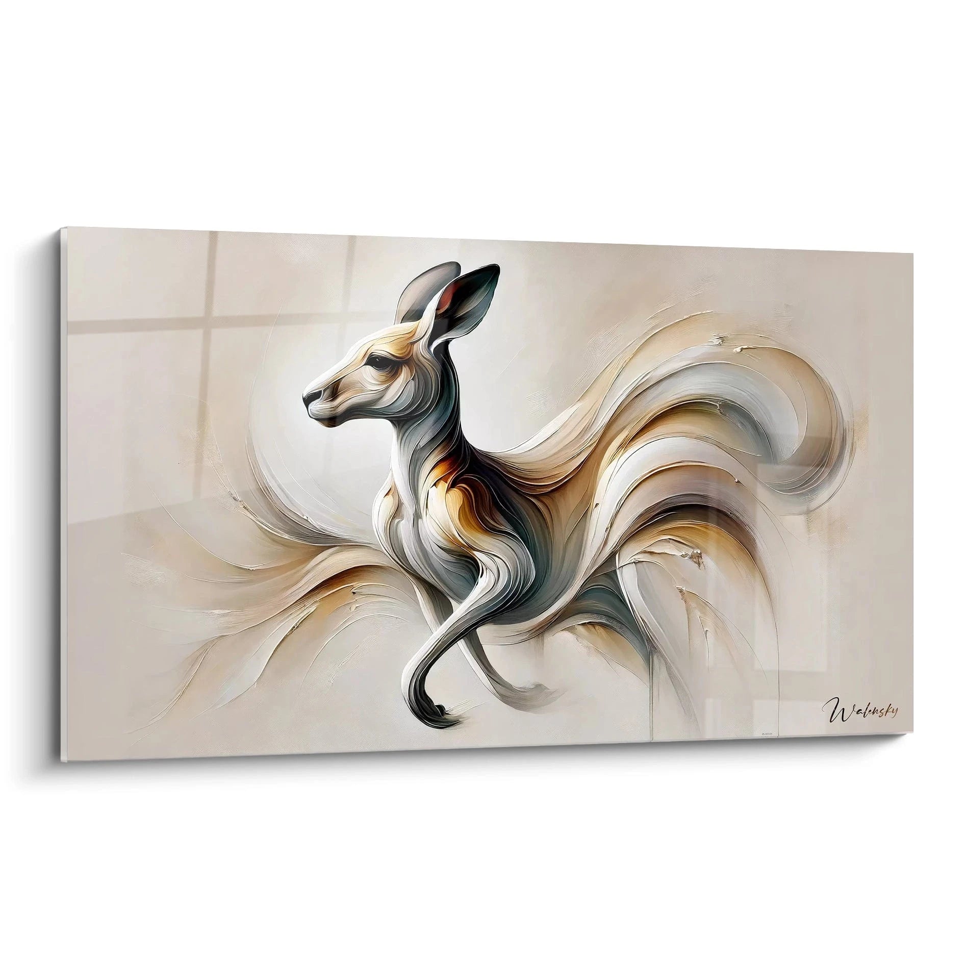 tableau kangourou vue de biais, capture la grace du mouvement avec des tons beiges et argentes. Une fusion abstraite de force et fluidite qui sublime chaque courbe et ligne dans un cadre contemporain.