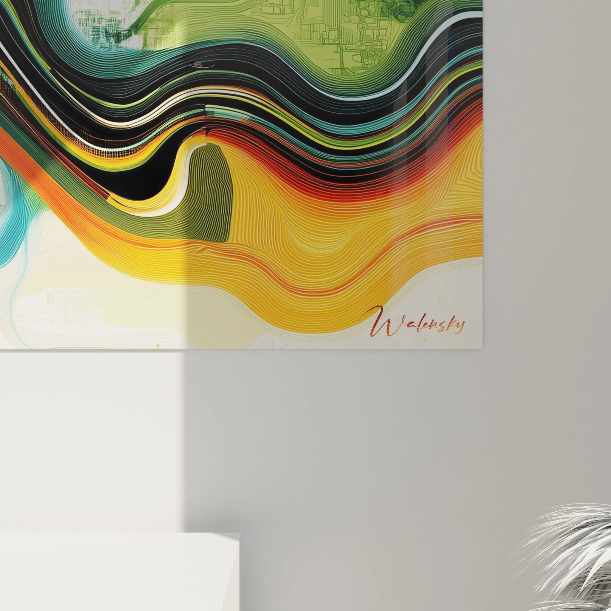 Tableau abstrait horizontal de vagues entrelacées en bleu, orange et vert, composé de lignes sinueuses superposées créant une profondeur visuelle, avec effets de transparence et contrastes dynamiques sur fond blanc minimaliste.