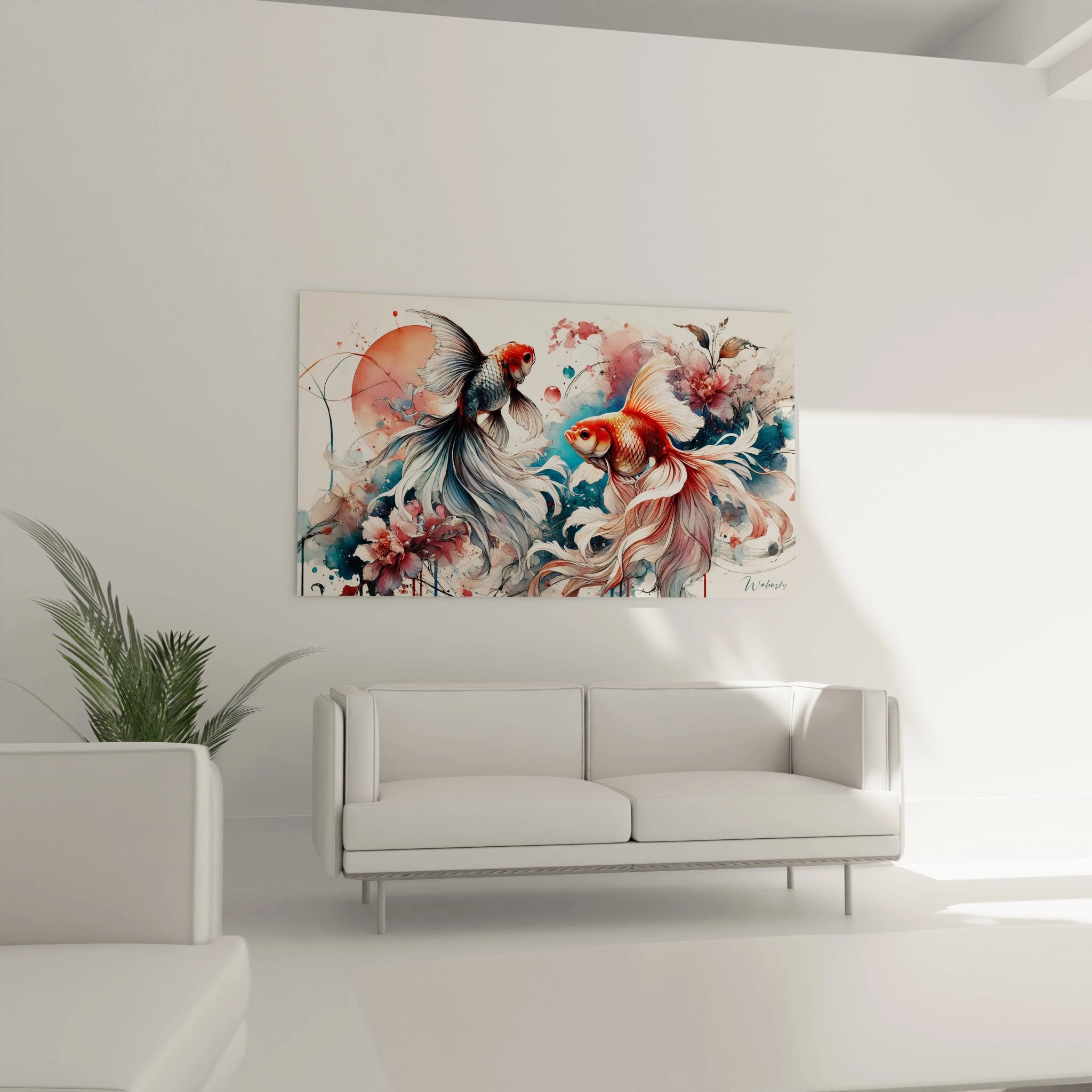 tableau poisson majestueux suspendu dans un salon, au-dessus du canapé. Son harmonie de teintes rouges et bleues apporte une touche artistique unique à votre intérieur tout en évoquant l'élégance aquatique.