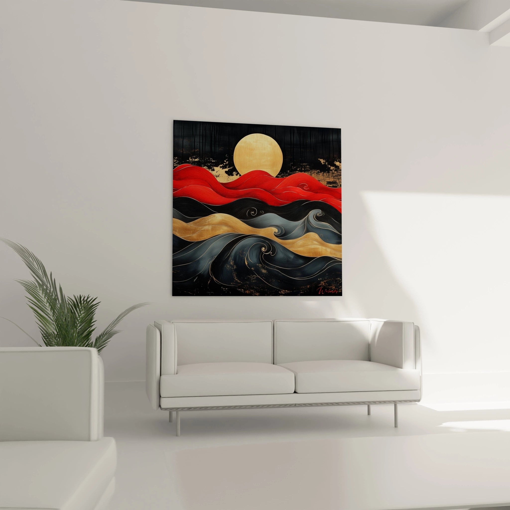 Tableau moderne abstrait de Walensky avec des vagues rouges et noires et un soleil doré