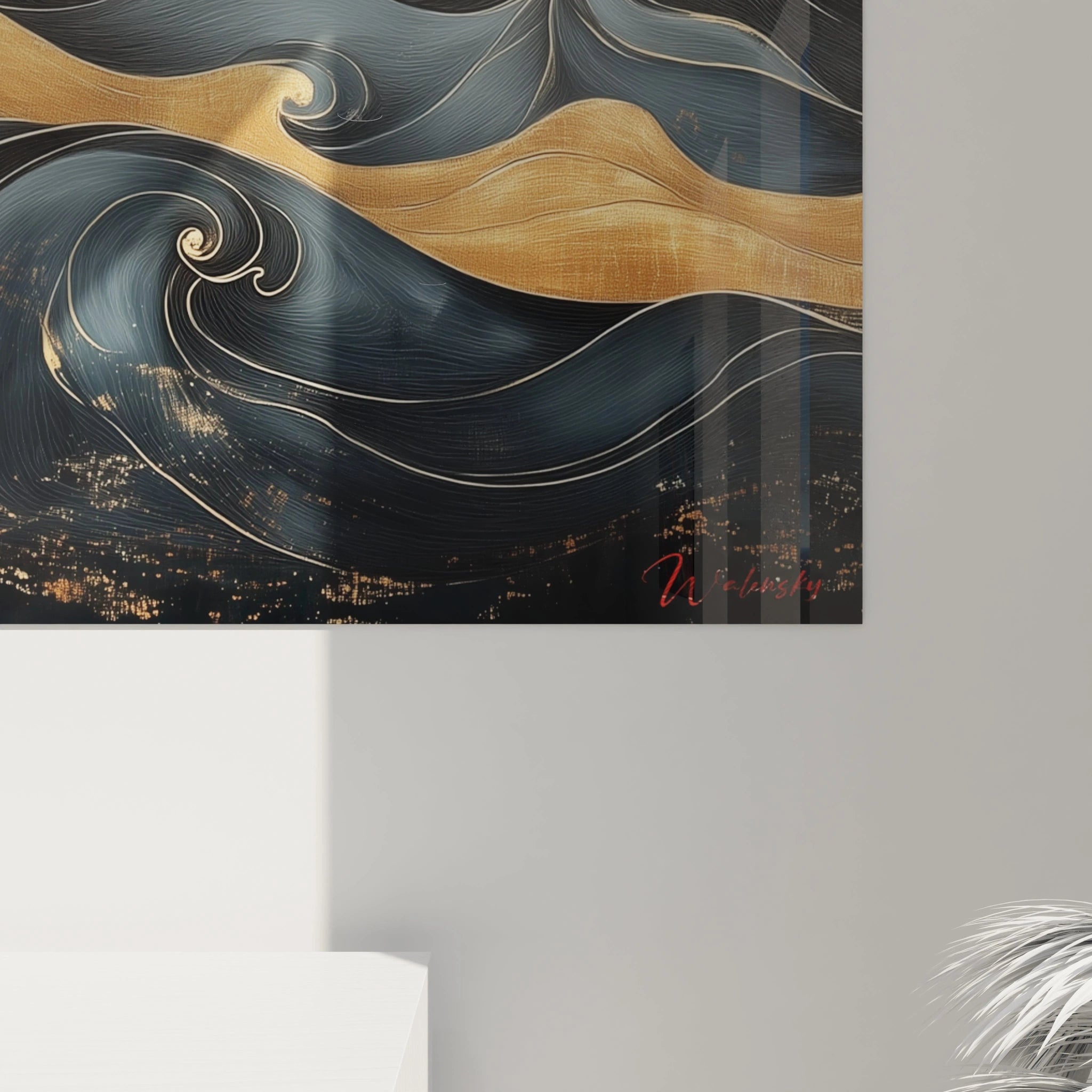 Tableau moderne abstrait de Walensky avec des vagues dorées et noires sur fond nocturne