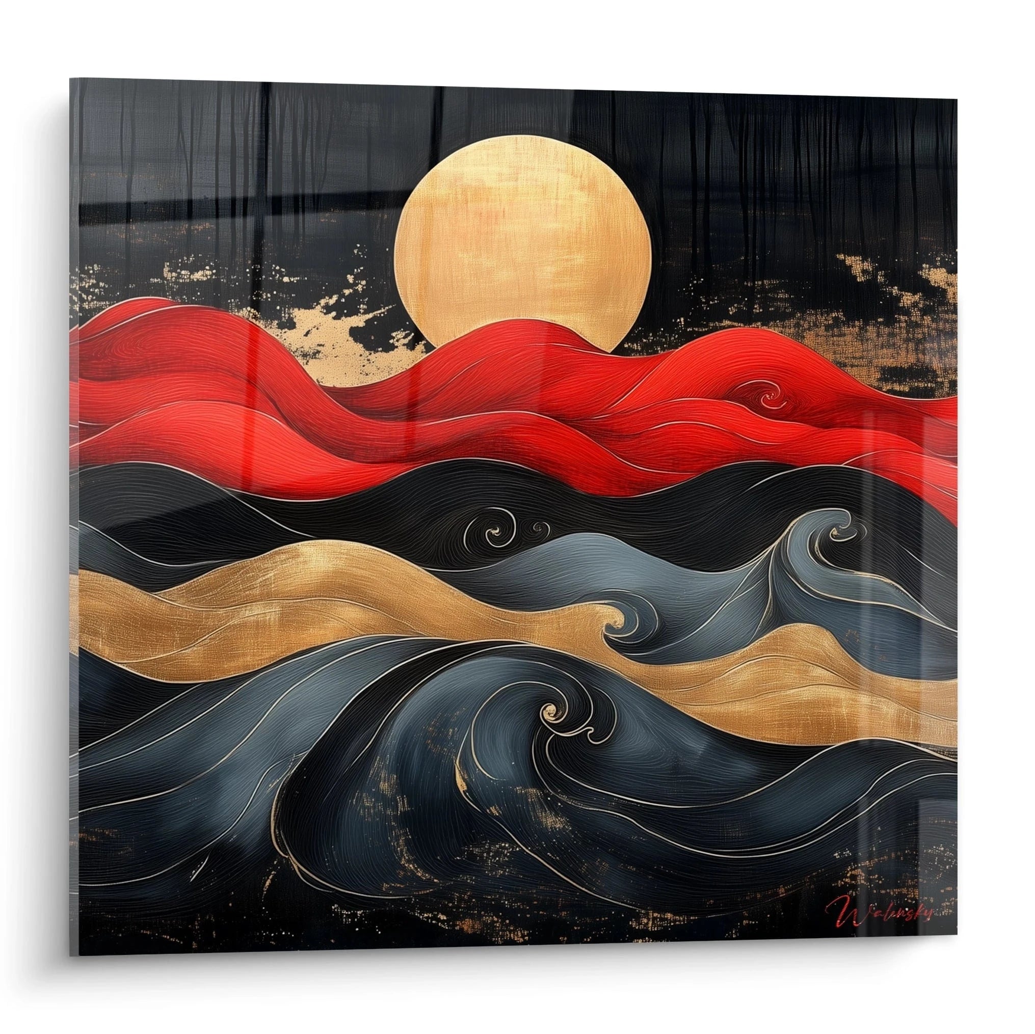 Tableau moderne abstrait de Walensky avec des vagues rouges, noires et dorées sous un soleil doré