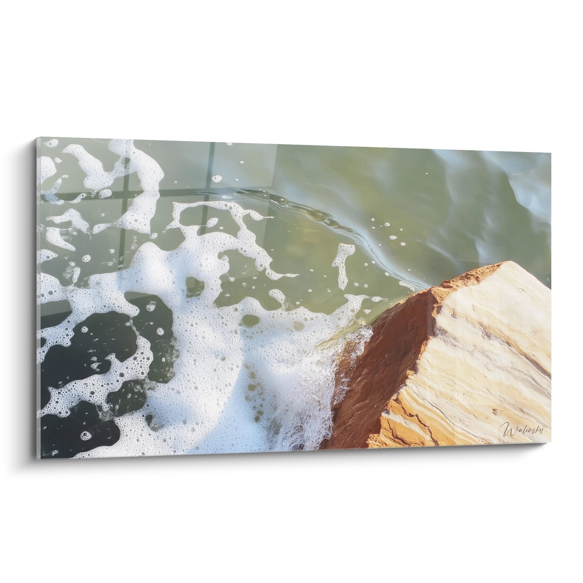 Tableau mural vagues écumantes sur rochers dorés art contemporain bord de mer décoration