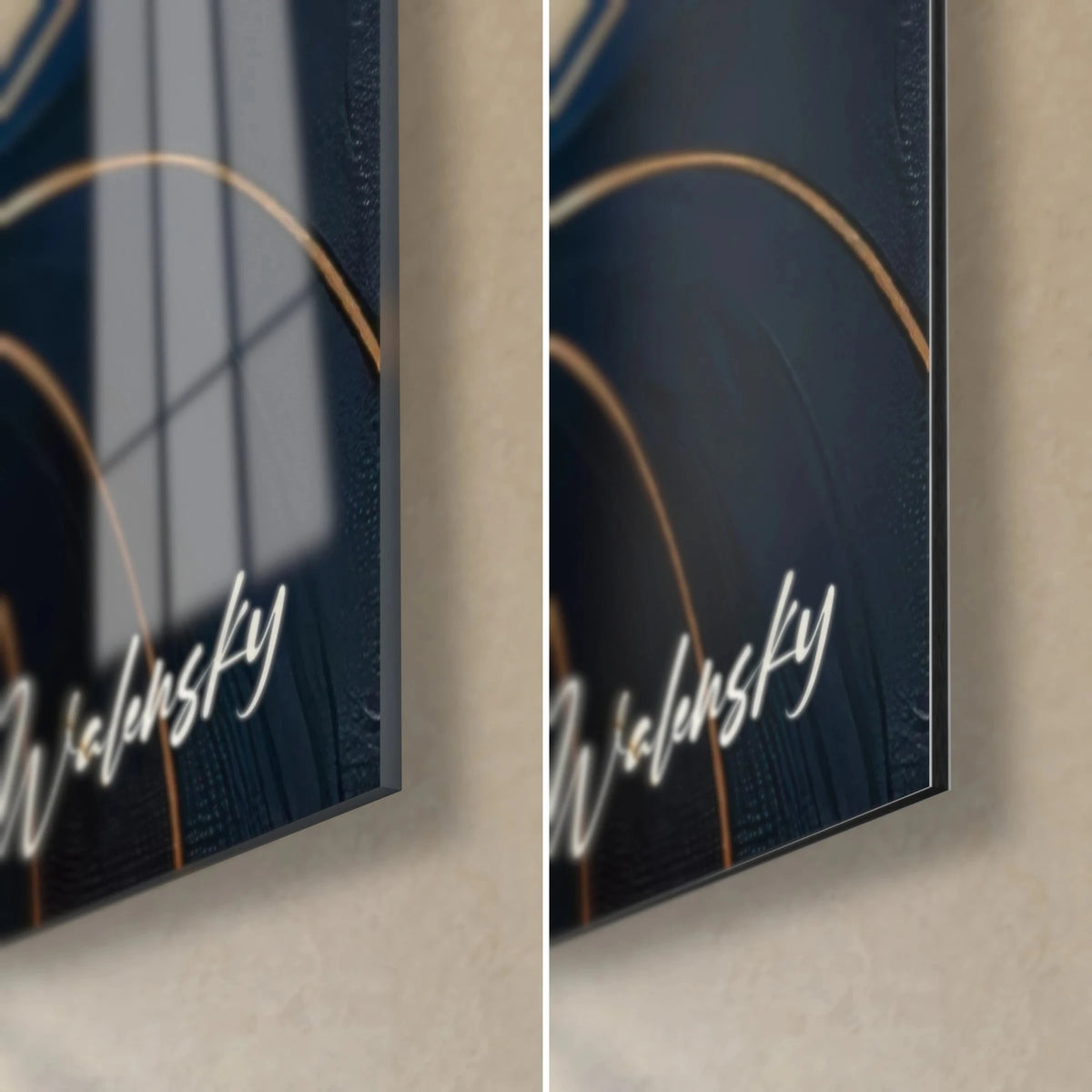 Wall art with golden wave movements on a midnight blue background, bottom right corner: glossy acrylic glass on the left, matte Dibond on the right