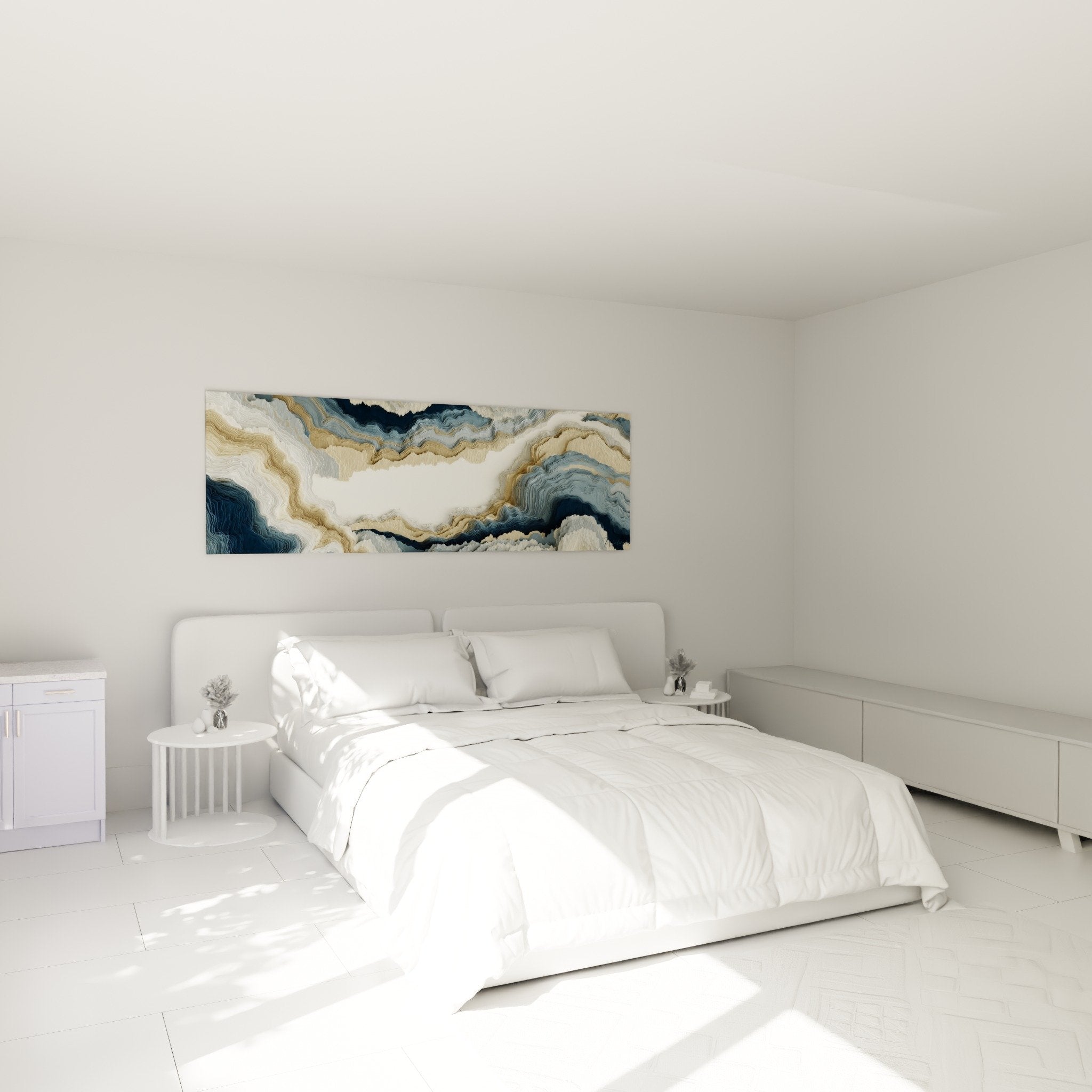 abstract marble wall art with blue and gold waves in modern bedroom white wall mural decoration