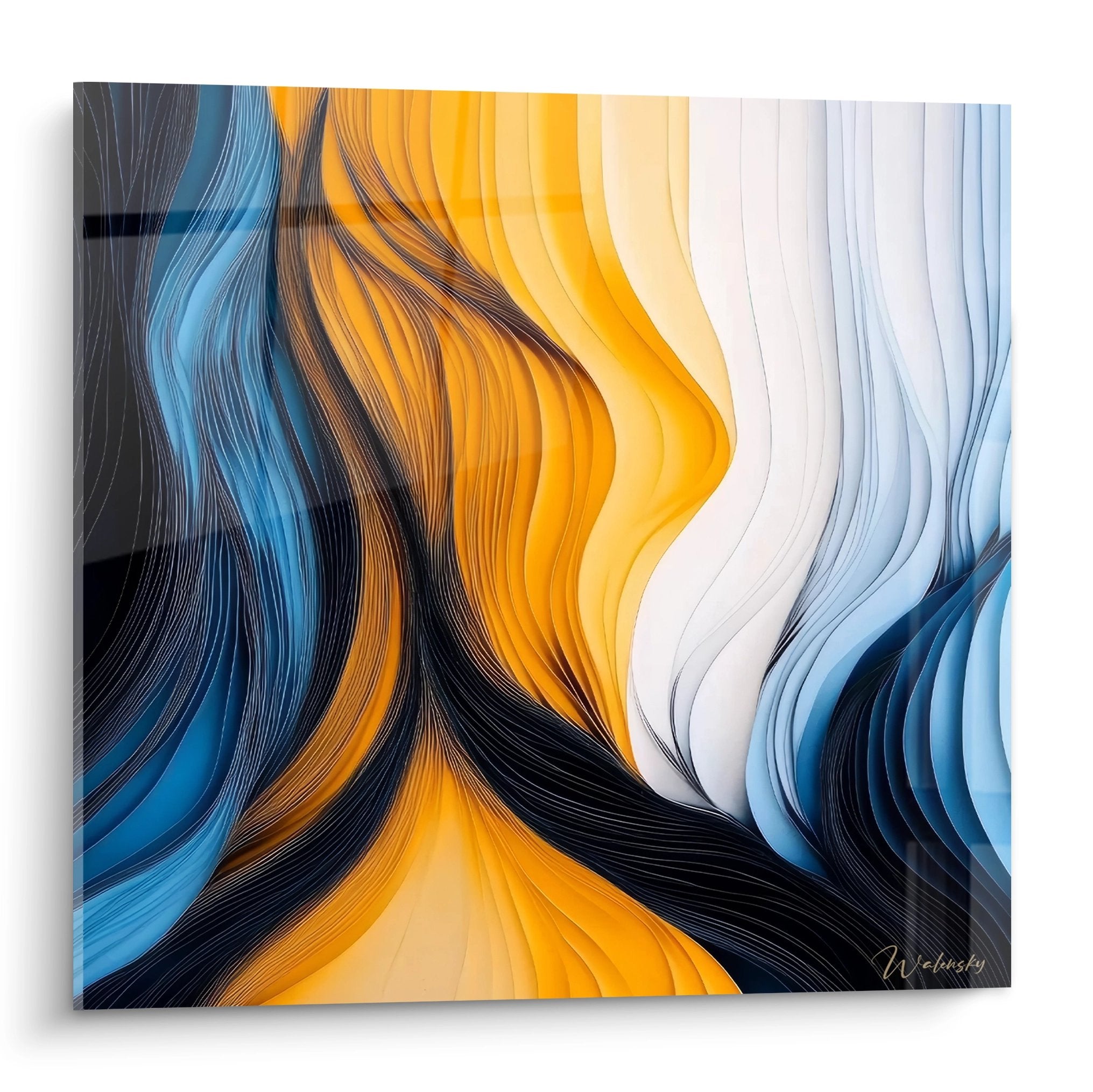 Tableau mural moderne abstrait vagues fluides orange bleu décoration contemporaine art mural