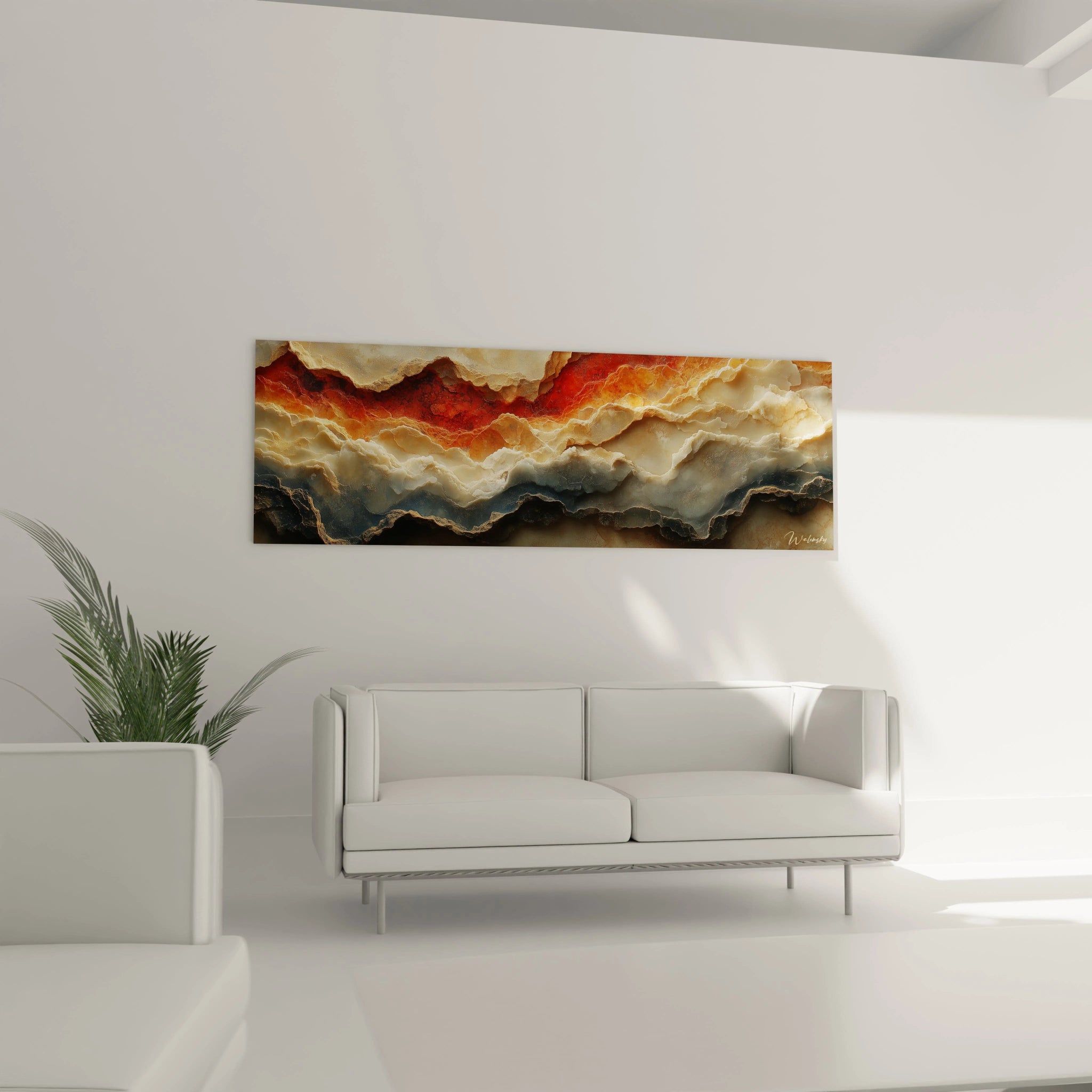 Tableau texturé abstrait de Walensky avec des nuances de rouge et de beige pour une décoration moderne