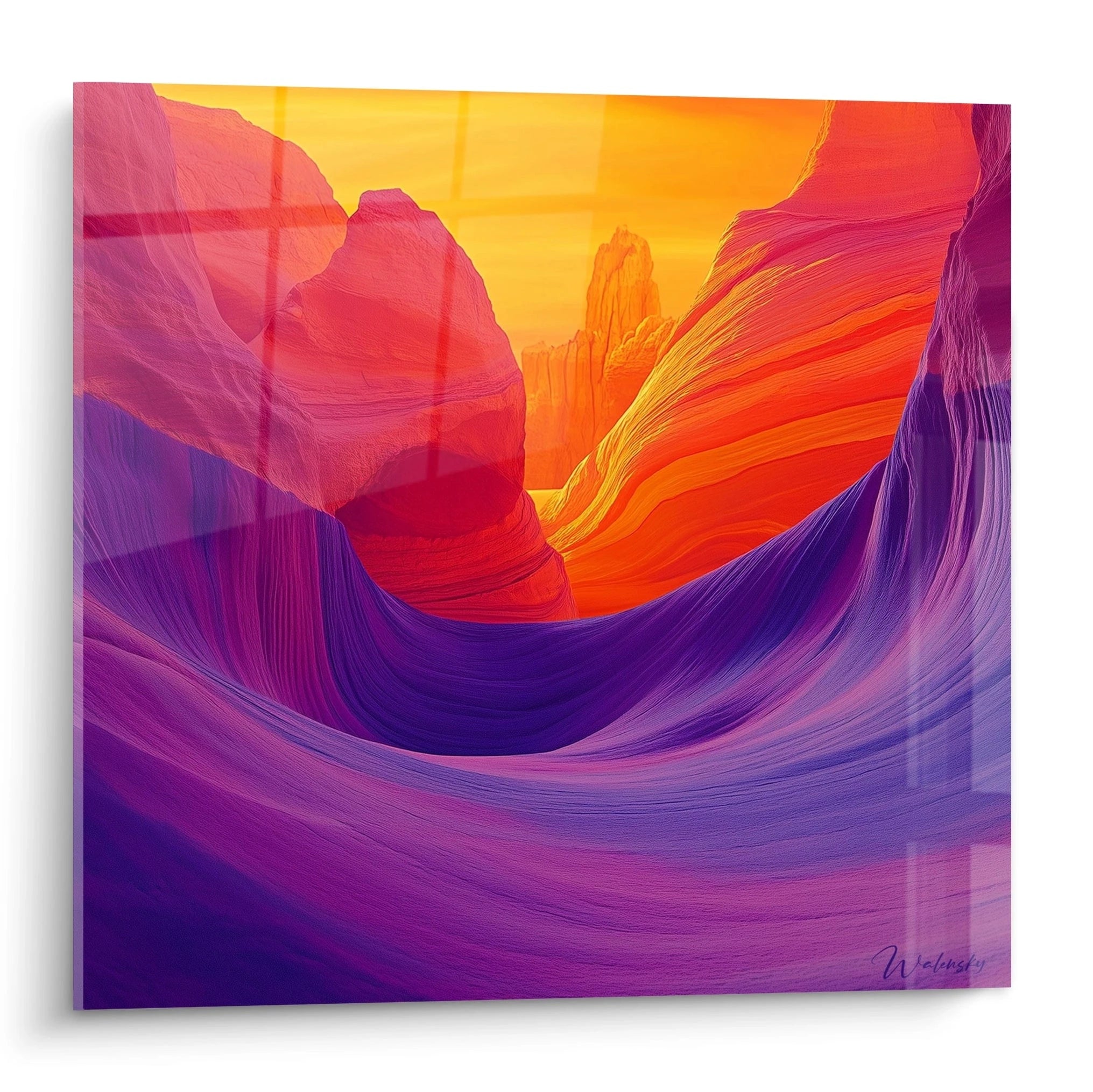 Un tableau canyon représentant des parois rocheuses ondulantes aux teintes violettes, oranges et jaunes vives, créant un effet de profondeur et de mouvement. Les textures lisses et stratifiées évoquent l'érosion millénaire dans une atmosphère de coucher de soleil.