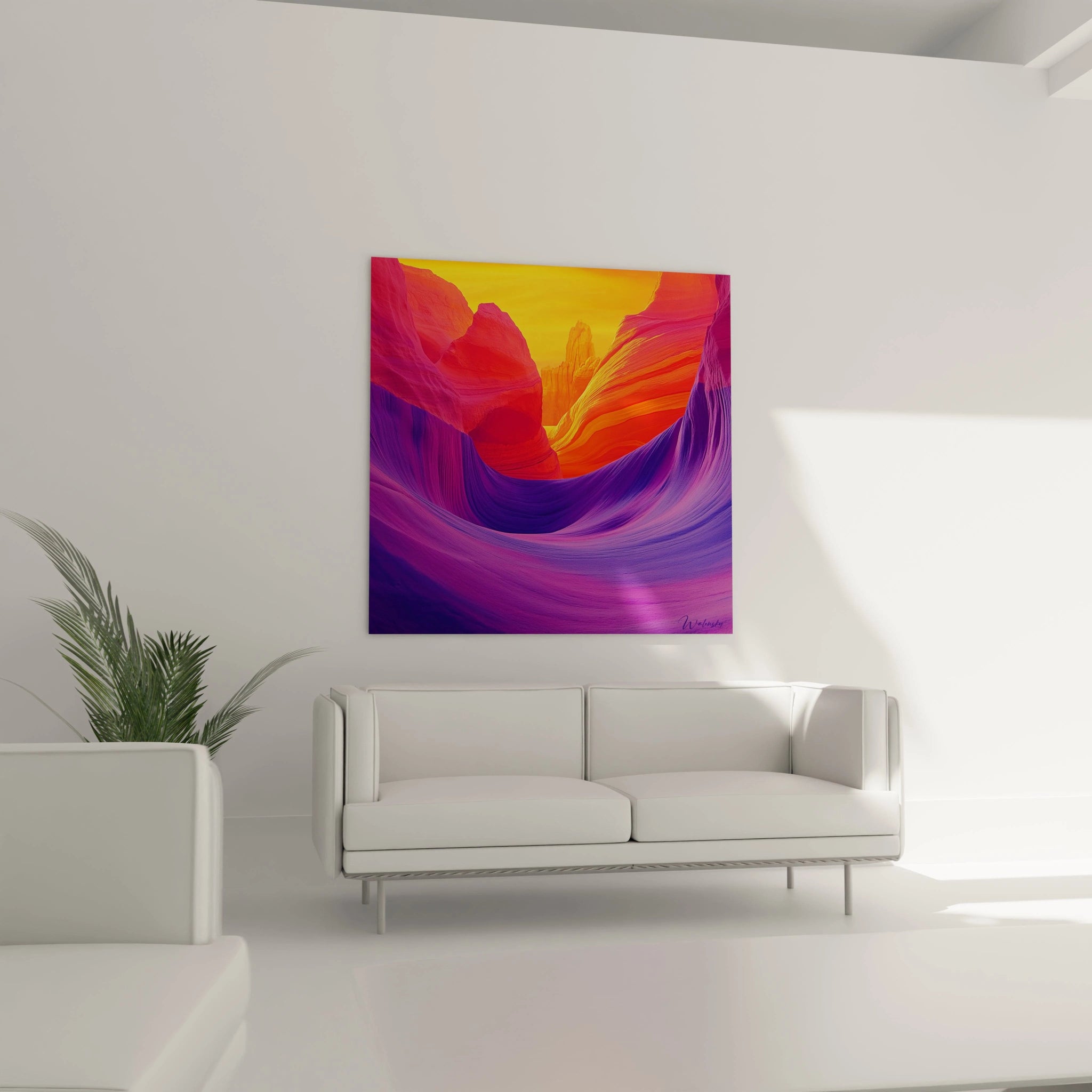 Un tableau canyon aux coloris intenses capturant des gorges rocheuses en perspective plongeante. Le violet profond des abysses contraste avec l'orange flamboyant et le jaune doré des hauteurs. Les surfaces stratifiées et sinueuses suggèrent un paysage sculpté par le temps.