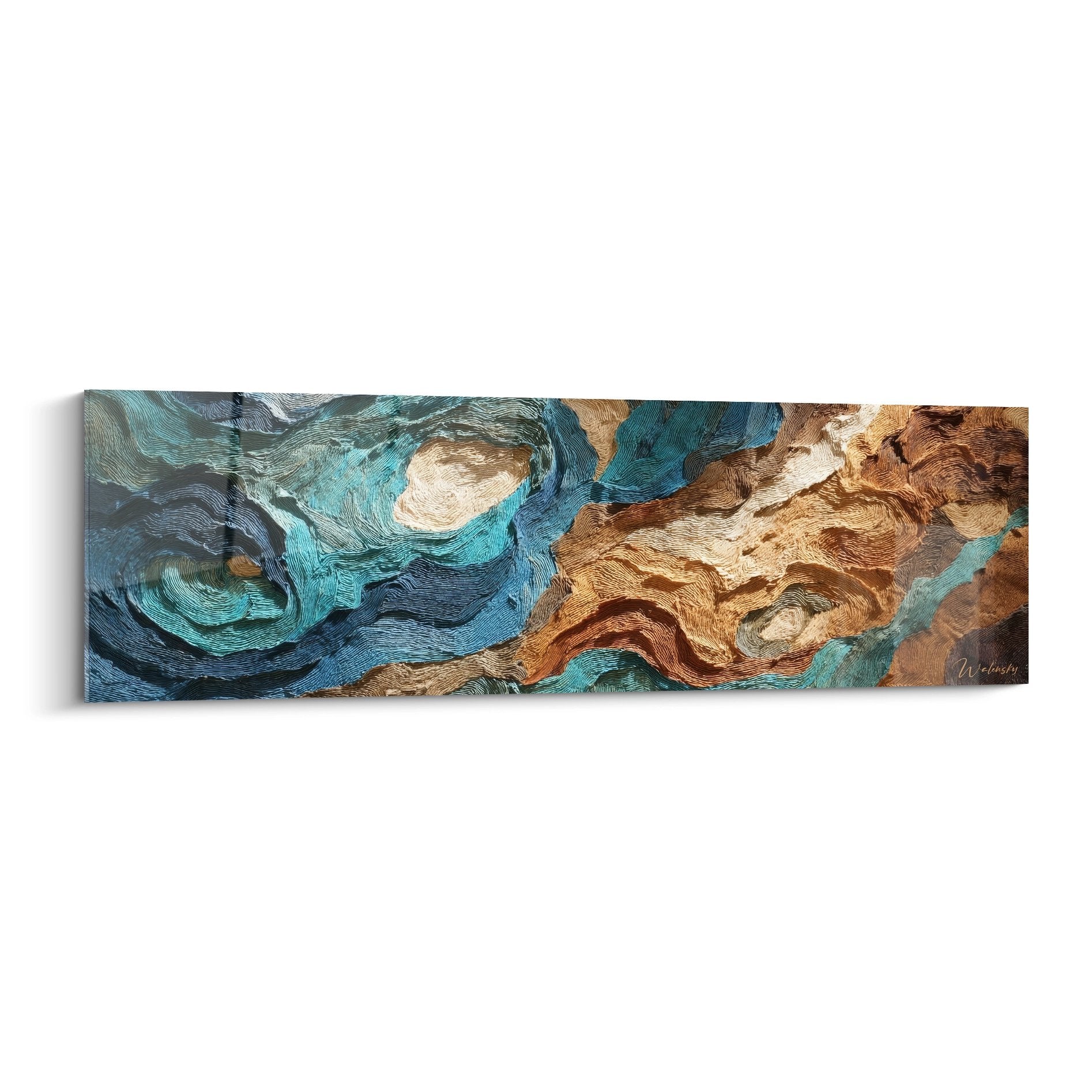 Tableau mural vagues océaniques abstrait turquoise et bronze aux textures fluides modernes