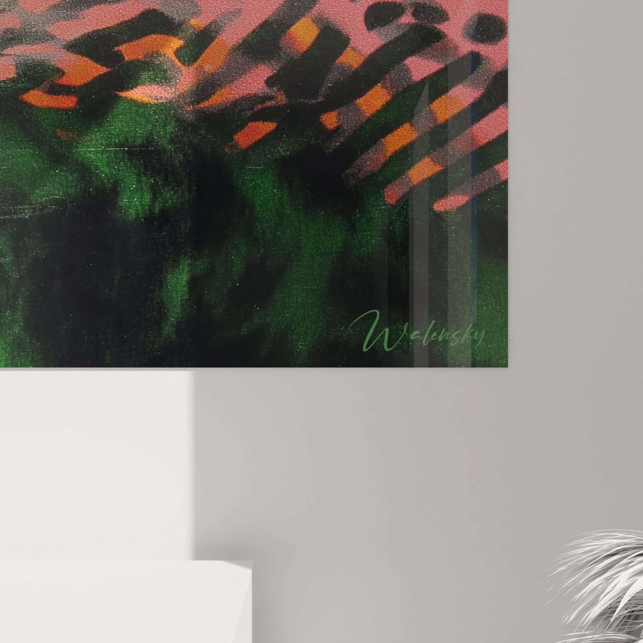 Tableau mural Walensky tableau op art vague cinétique vert foncé avec motifs ondulés orange et rose, signature visible
