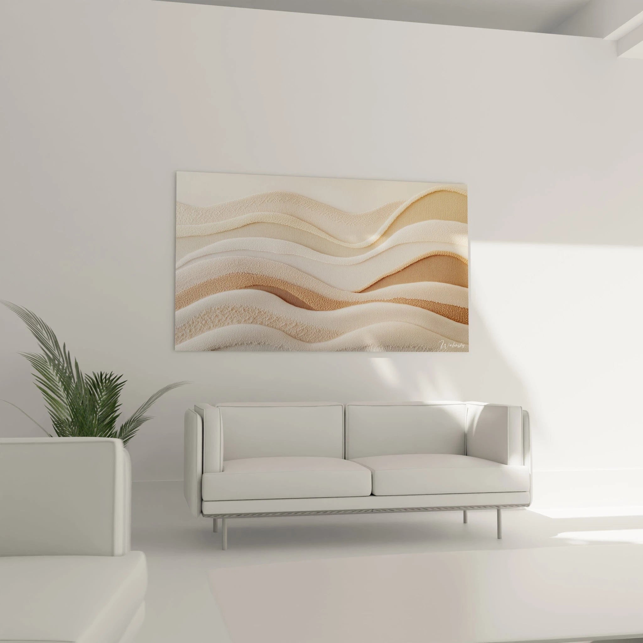 Un tableau abstrait composé de strates texturées en relief, aux ondulations fluides dans des tons beige, blanc crémeux et sable doré, créant une composition épurée et organique rappelant le mouvement naturel des dunes ou des vagues océaniques.