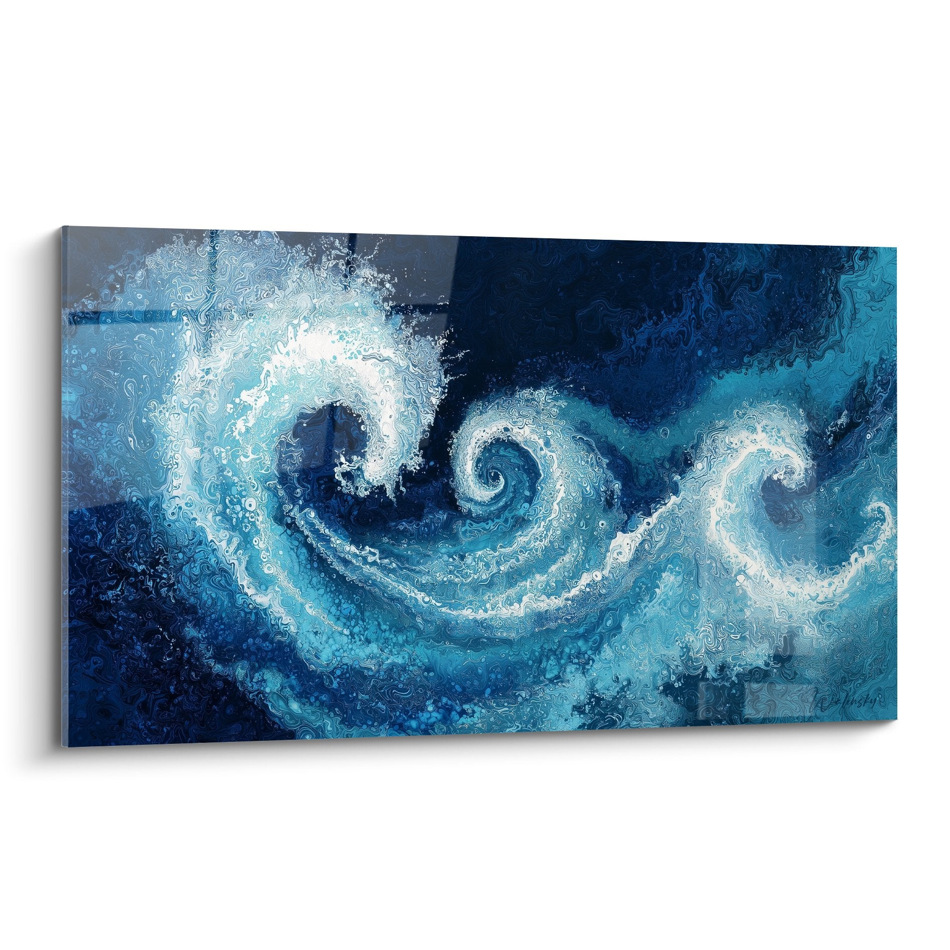Abstract painting swirling blue and white waves whirling movement marine style feng shui north water