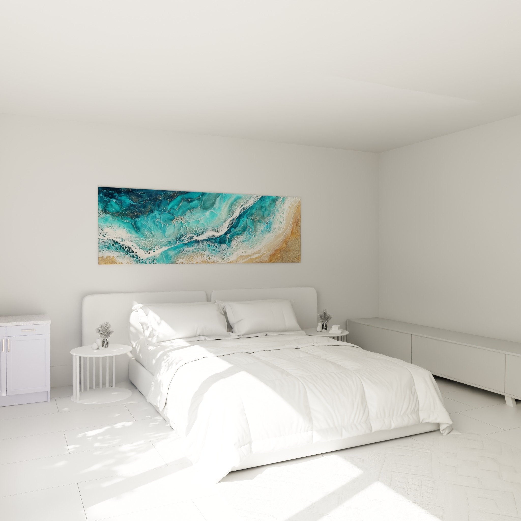 Turquoise waves wall art above bed bedroom decor feng shui north water