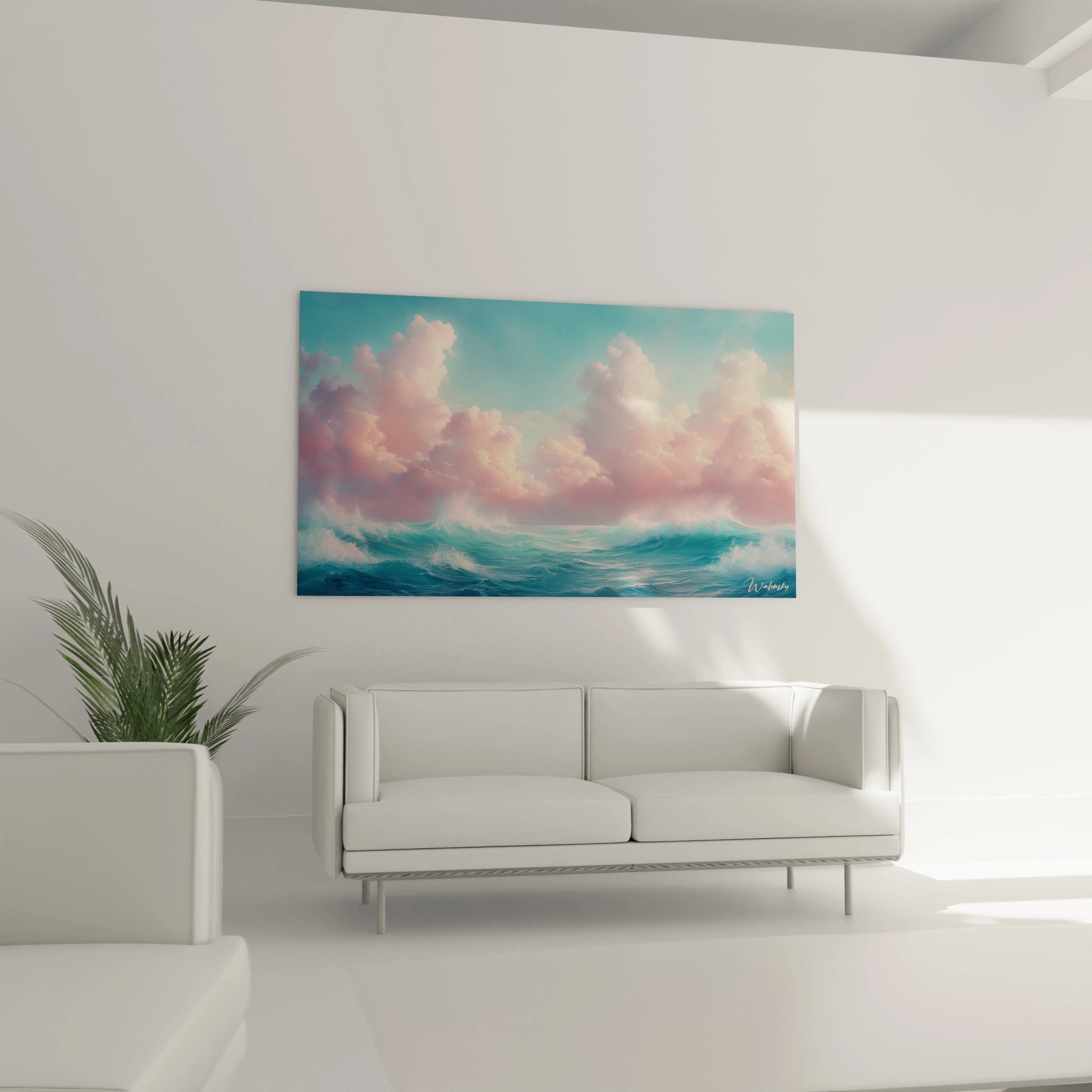 Un tableau mer aux teintes turquoise et rose présentant des vagues sculptées en mouvement et des nuages cotonneux, jouant sur le contraste entre la puissance maritime et la légèreté céleste, avec des touches d'écume blanche accentuant le dynamisme aquatique.
