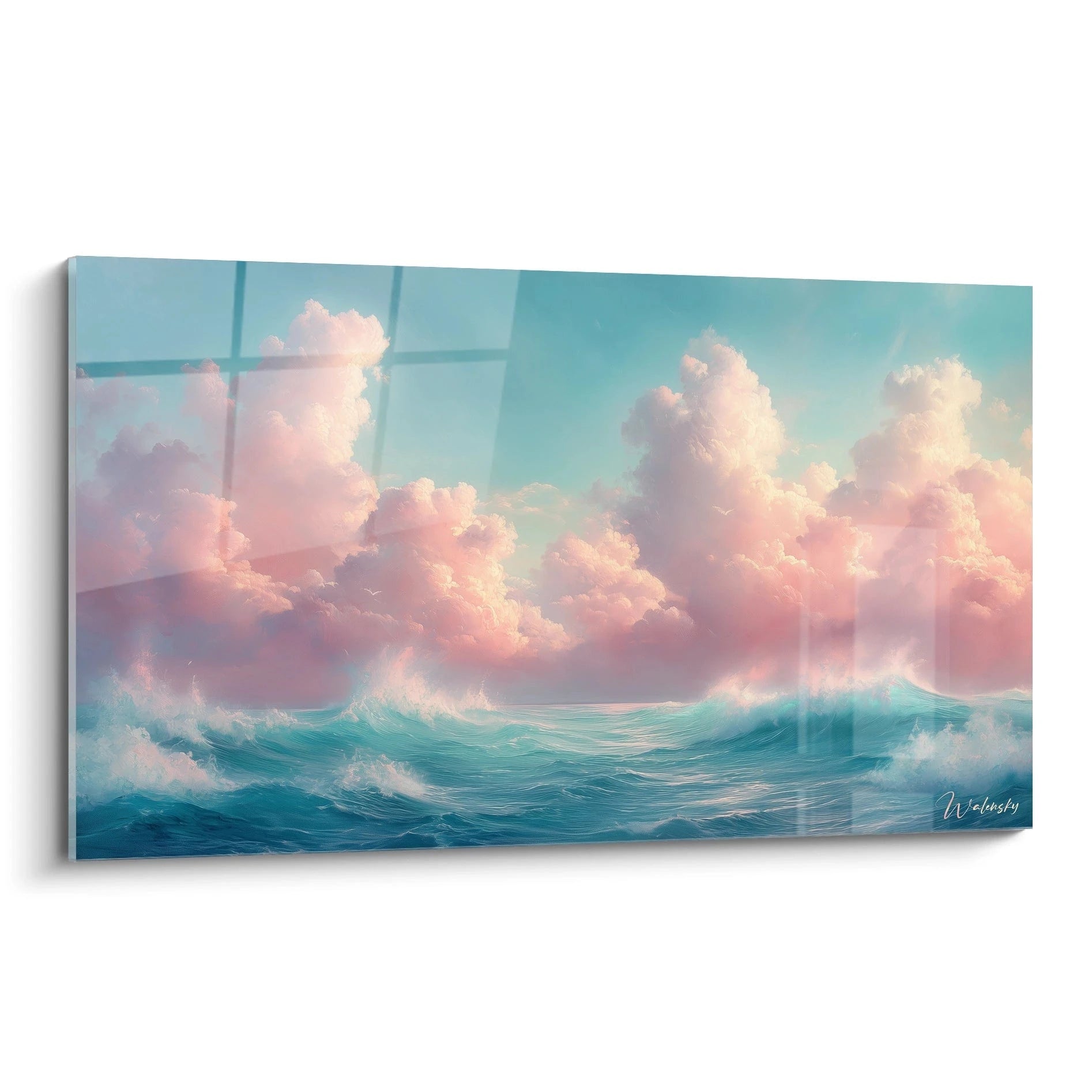 Un tableau mer représentant des vagues turquoise en mouvement sous un ciel aux nuages roses, avec un contraste entre l'agitation des flots et la douceur céleste, créant une atmosphère onirique grâce à des coups de pinceau fluides et texturés.
