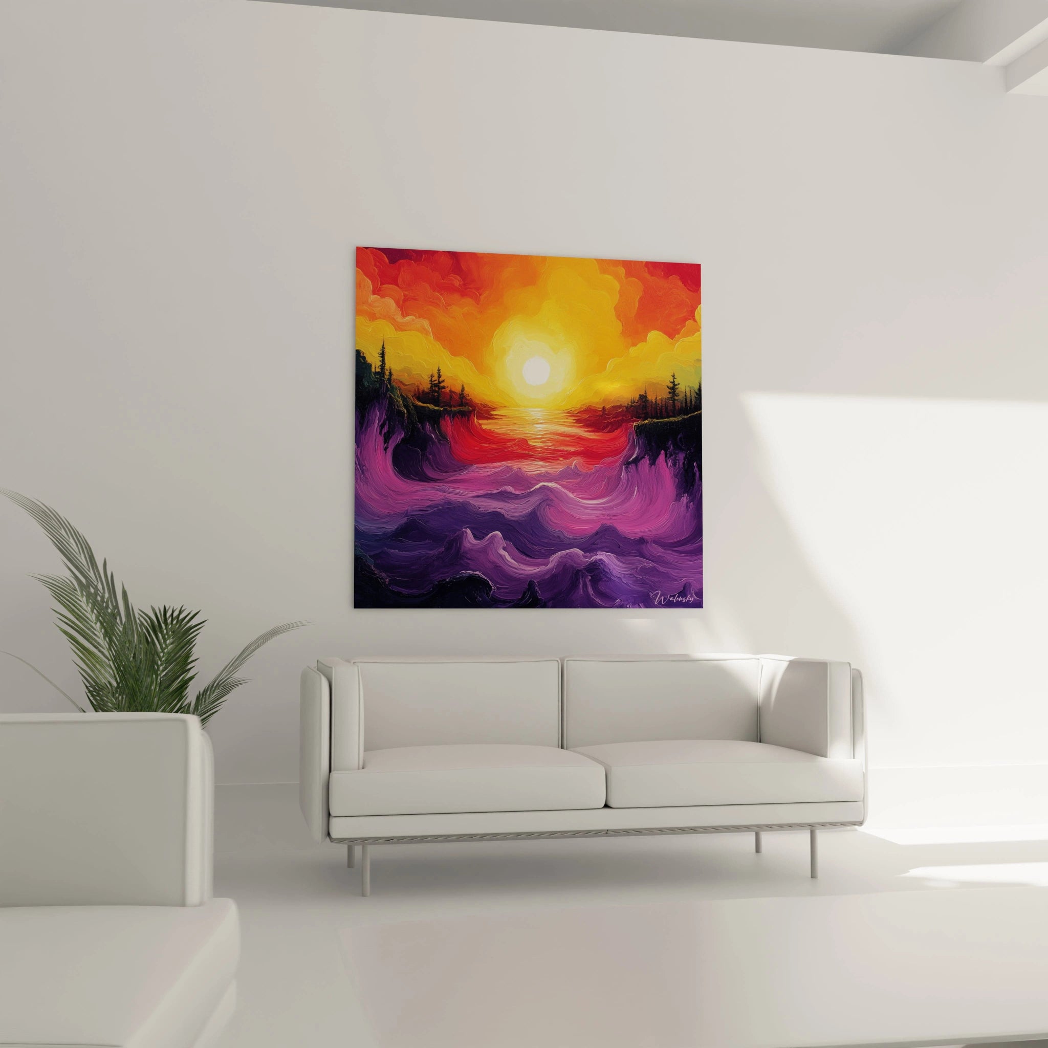 Un tableau coucher de soleil aux couleurs vibrantes montrant un disque solaire blanc intense irradiant dans un ciel orange-jaune, ses reflets dorés traçant un chemin sur une mer aux vagues violettes et roses, bordée d'arbres conifères en silhouette.