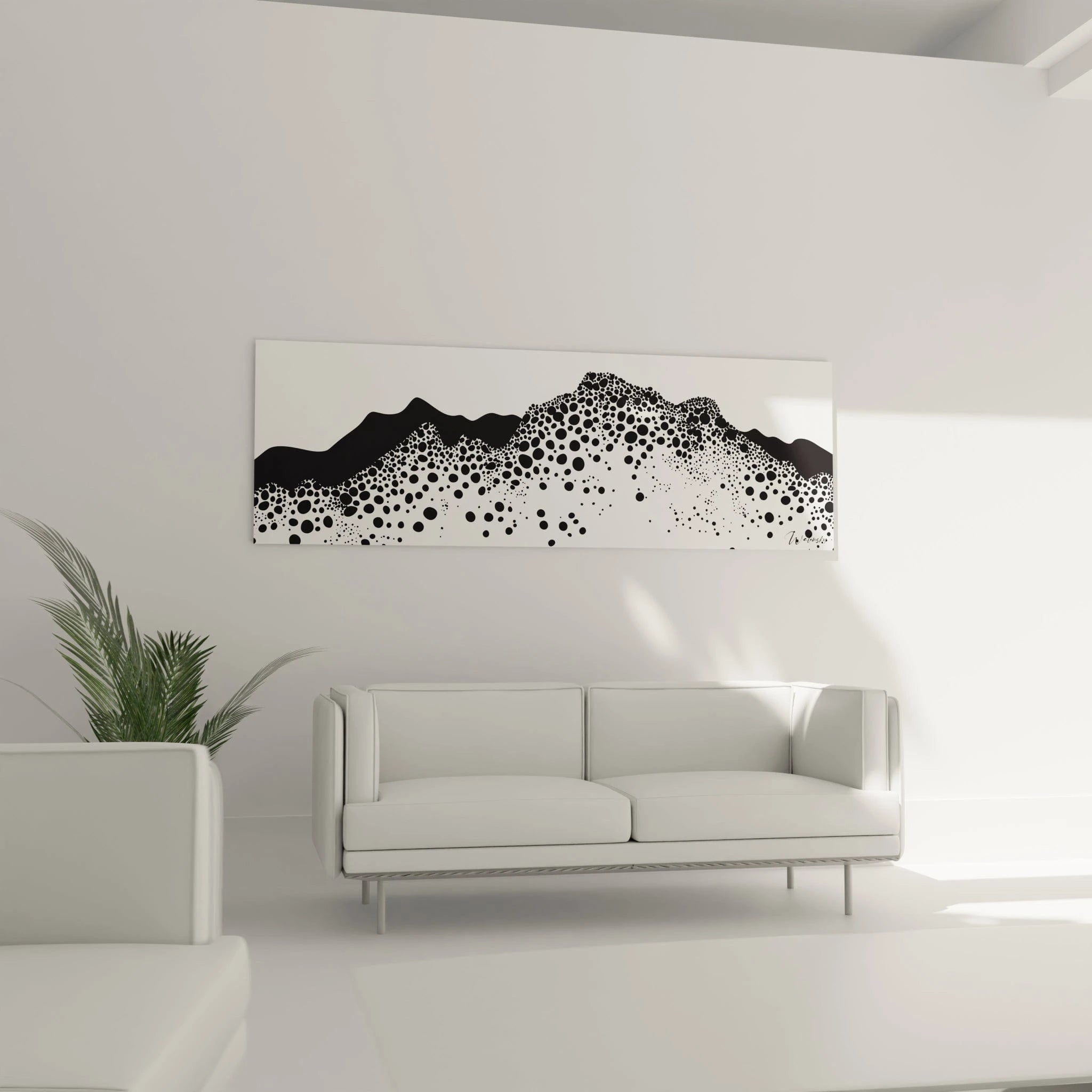 Tableau tacheté noir et blanc Walensky avec motifs abstraits, parfait pour décorer un salon moderne