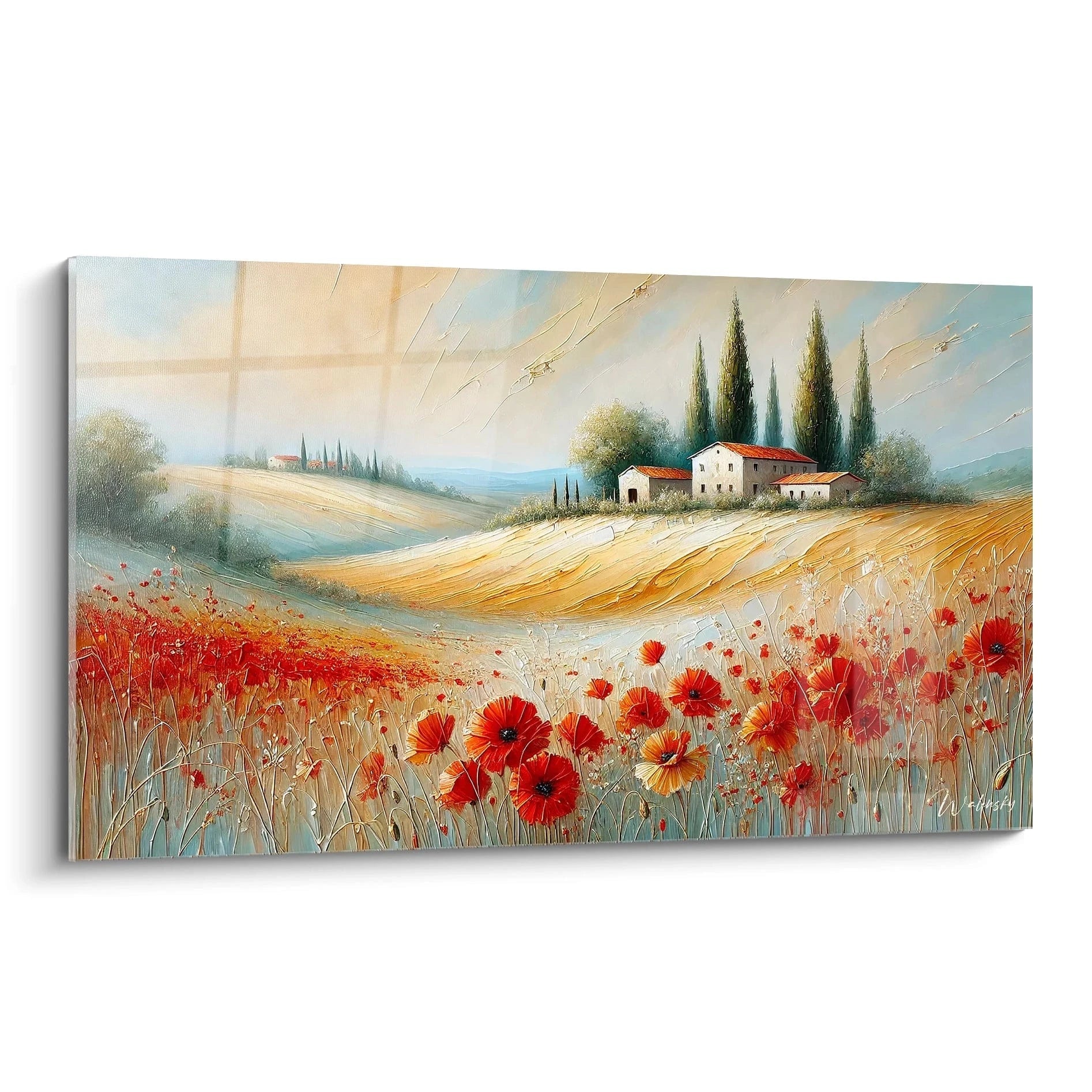 Tableau campagne vue de biais capturant les champs ensoleillés et vallonnés de la campagne méditerranéenne L'esprit rustique et paisible se ressent dans chaque détail texturé et coloré