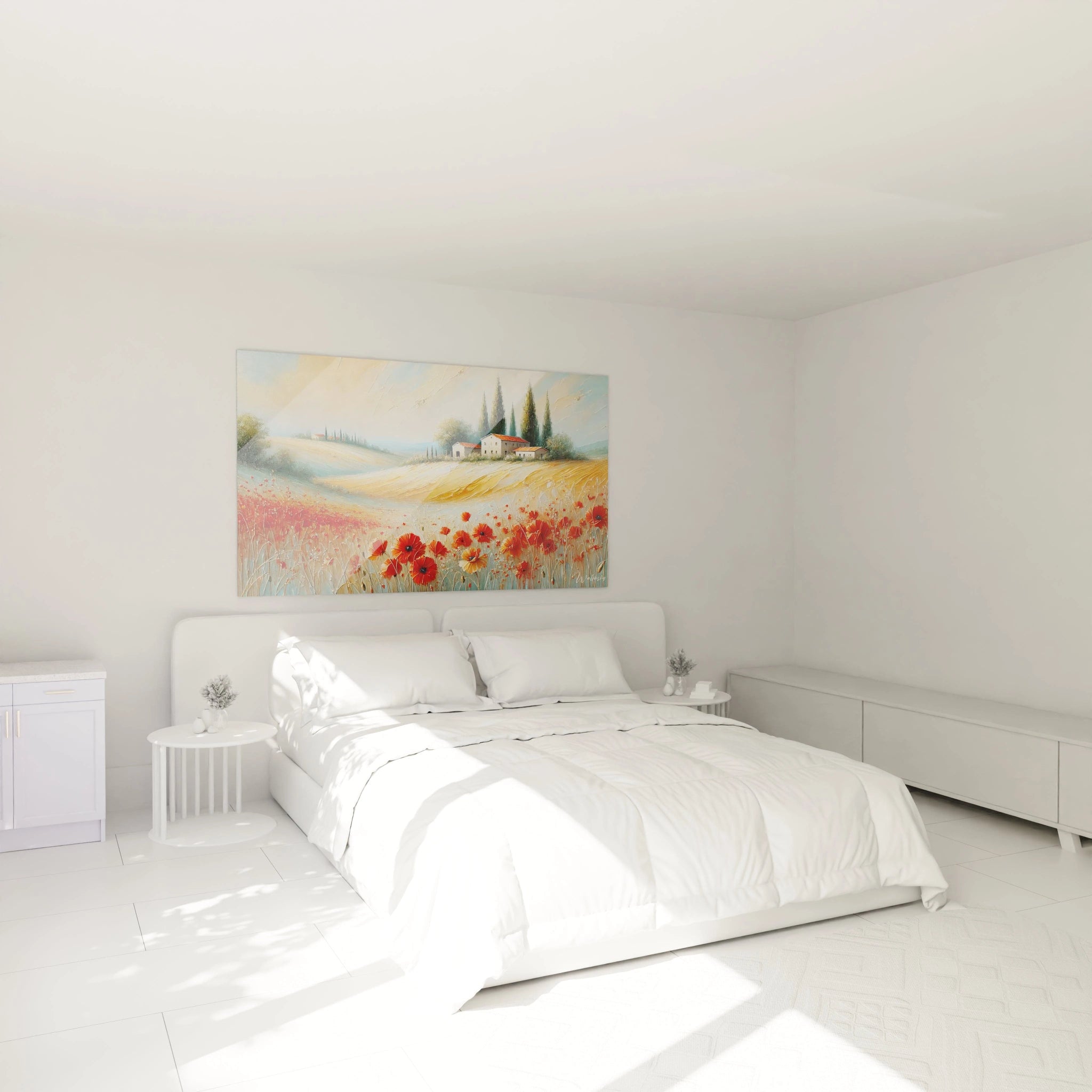 Dans une chambre au-dessus du lit ce tableau campagne apporte chaleur et serenité Inspiré de la beauté mediterraneenne il evoque la tranquillité avec ses champs dorés et coquelicots rouges