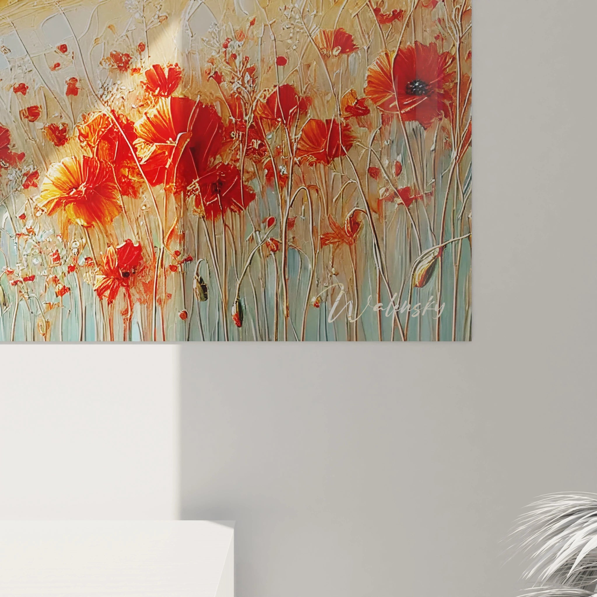 Vue rapprochée du tableau campagne révélant les textures et couleurs vibrantes des champs de blé dorés et coquelicots rouges Effet de profondeur et chaleur pour une touche méditerranéenne