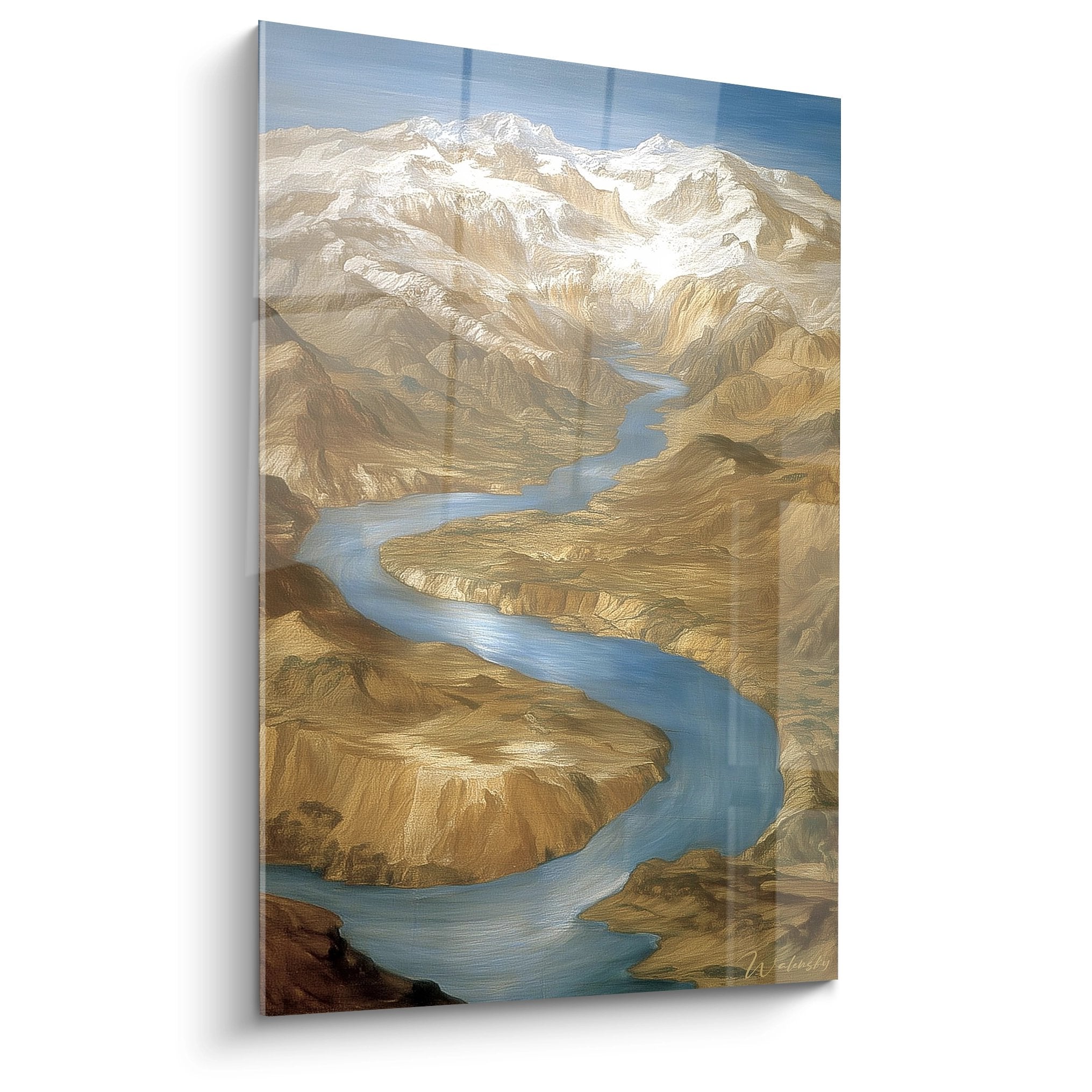 Tableau vallée glaciaire avec rivière bleue sinueuse et sommets enneigés, peinture montagne décorative