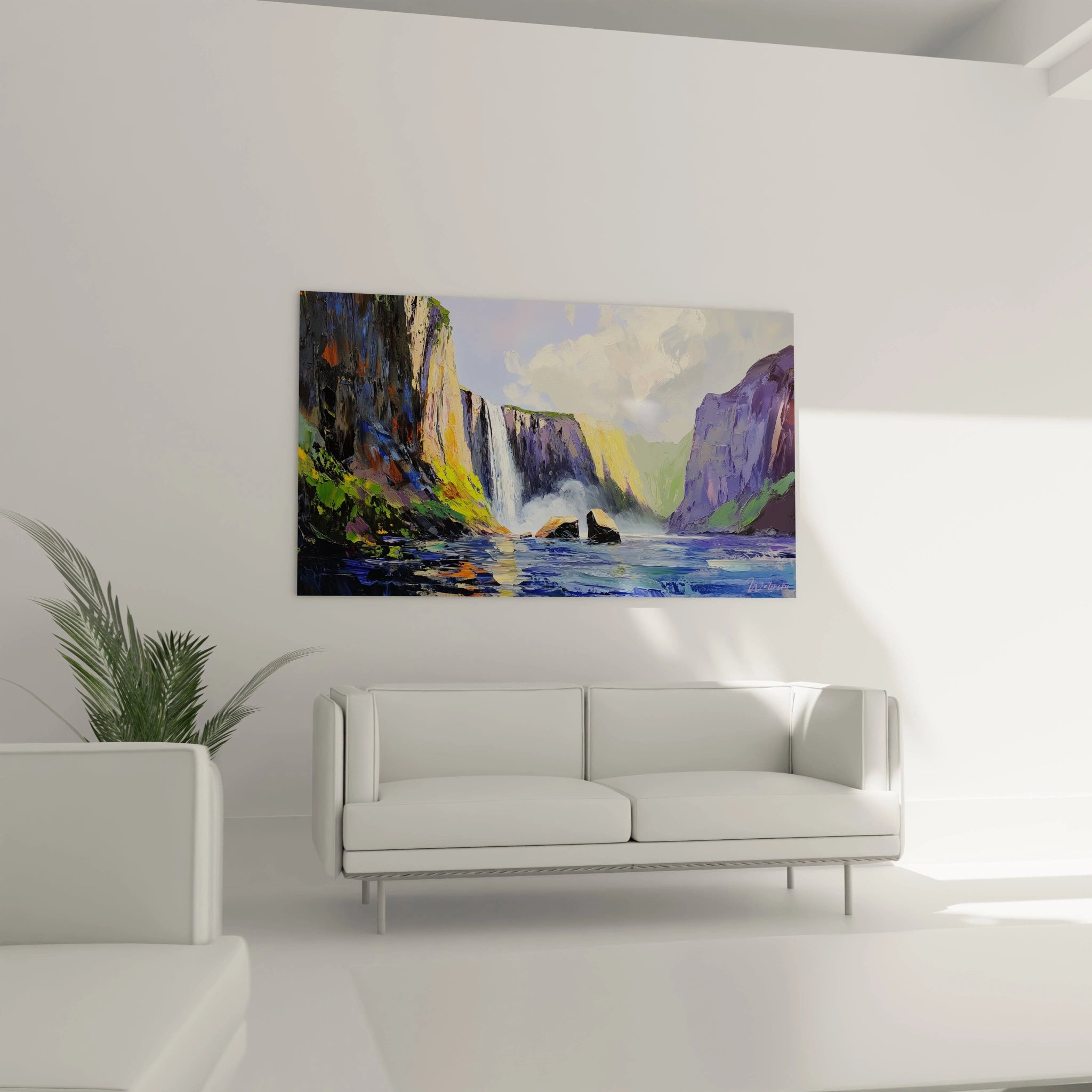 Un tableau de paysage sauvage capturant une puissante cascade blanche jaillissant entre des falaises colorées aux tons violets et orangés, se déversant dans un plan d'eau bleu aux reflets irisés, avec une texture picturale très prononcée.