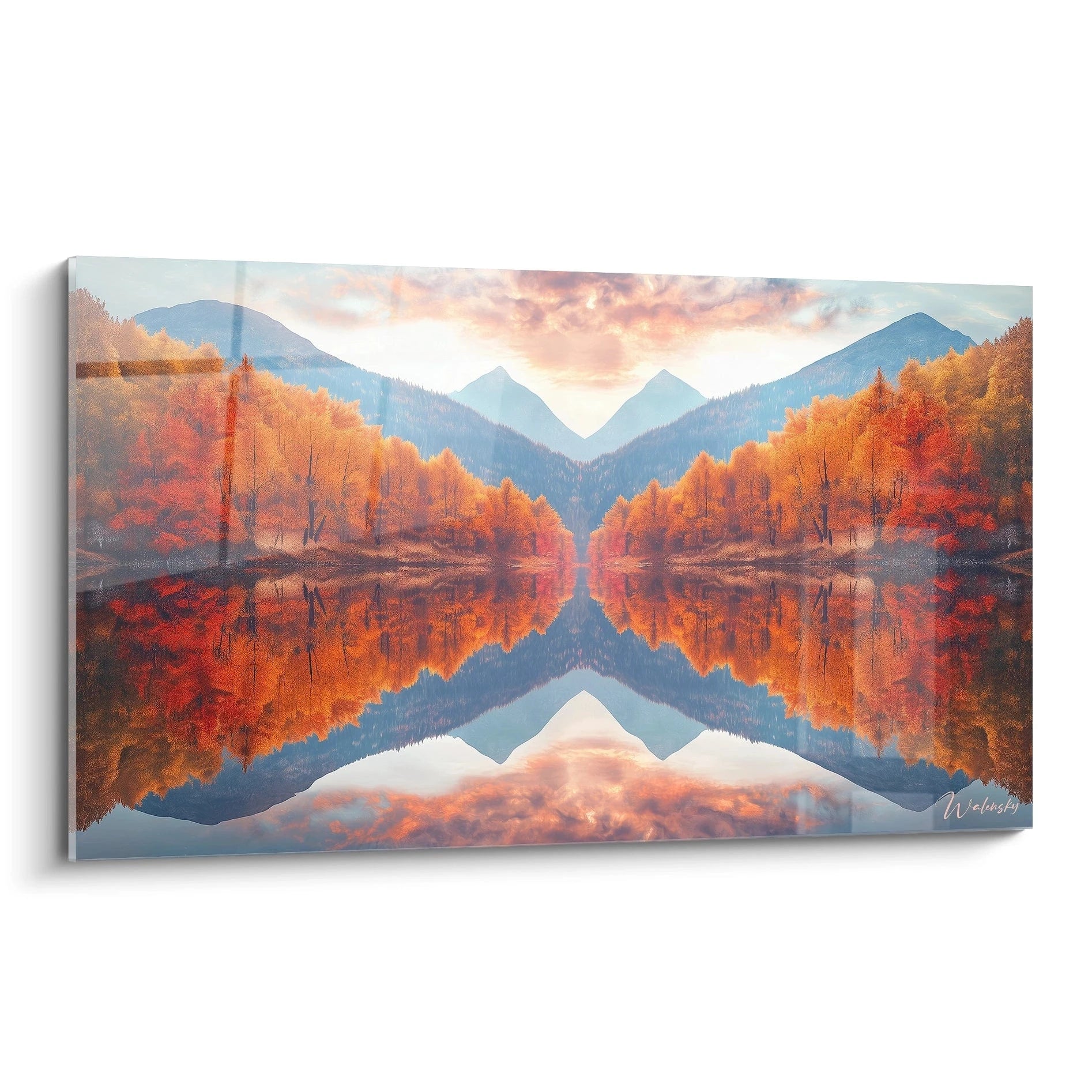 Tableau forêt représentant un paysage automnal reflété dans un lac, avec des arbres orangés encadrant des montagnes bleues, sous un ciel pastel, créant une symétrie parfaite entre le haut et le bas de la composition.