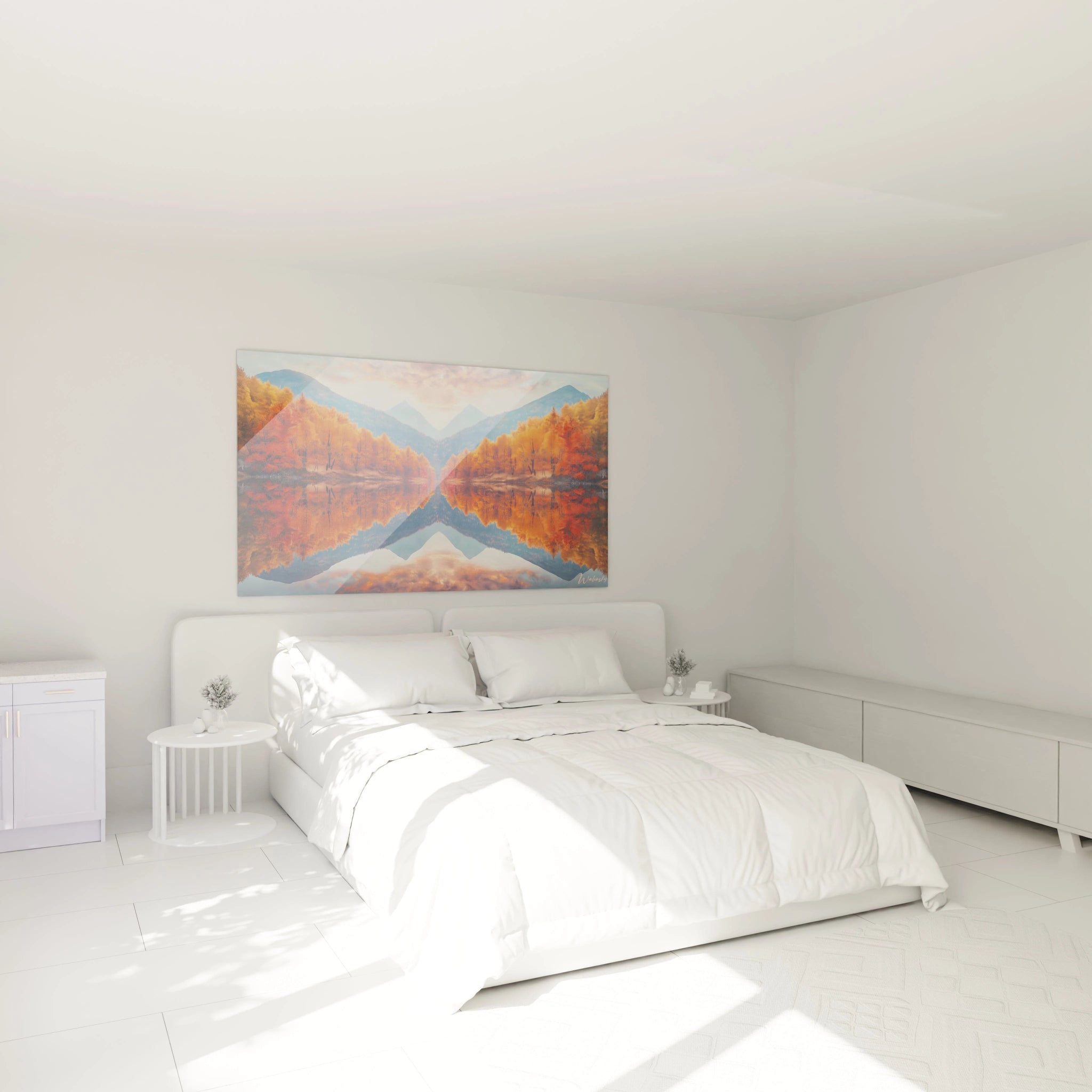 Tableau forêt capturant un lac miroir où se reflètent des arbres aux feuillages cuivrés et des montagnes en arrière-plan, avec une palette dominée par l'orange vif, le bleu profond et les teintes rosées du ciel crépusculaire.