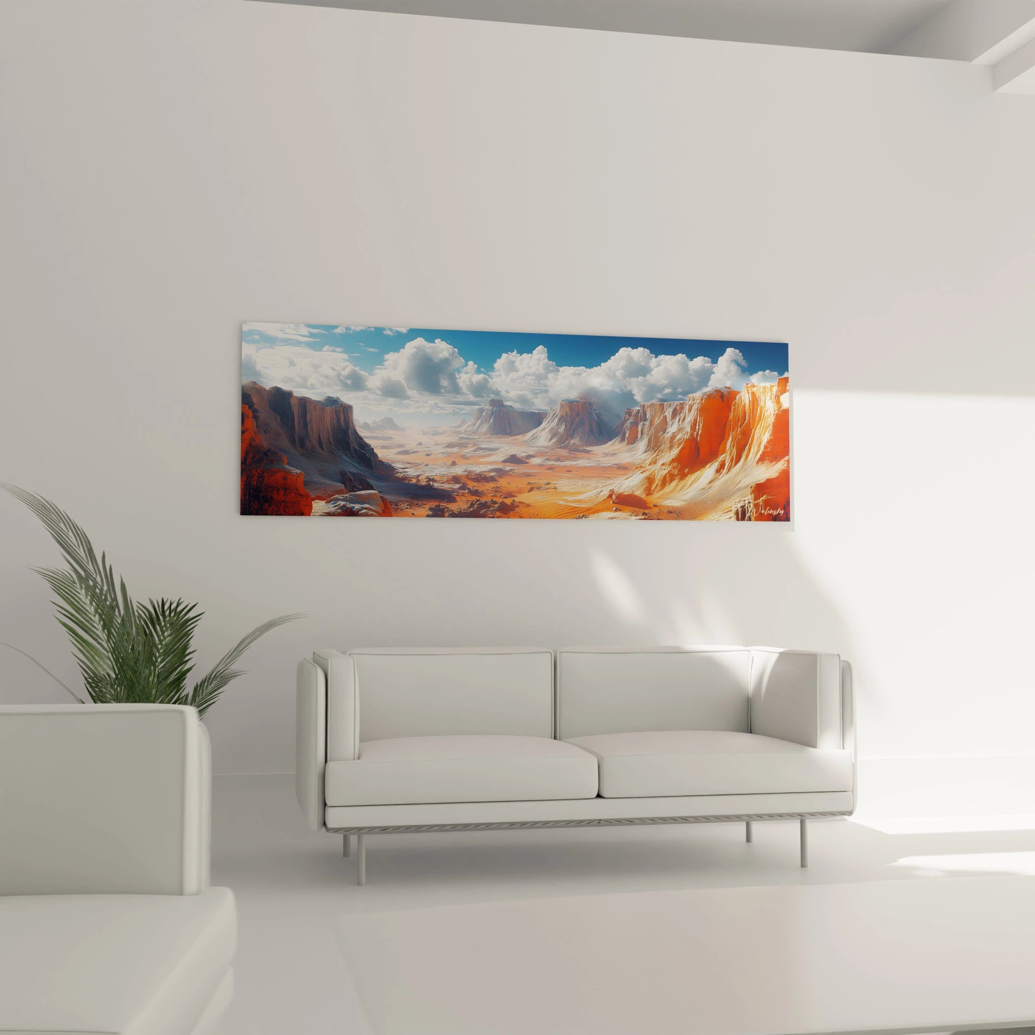 Un tableau désert panoramique illustrant des formations rocheuses monumentales aux teintes orange vif et beige clair, encadrant une vallée sablonneuse sous une voûte céleste bleue, avec un jeu d'ombres et de lumières soulignant chaque strate des falaises.