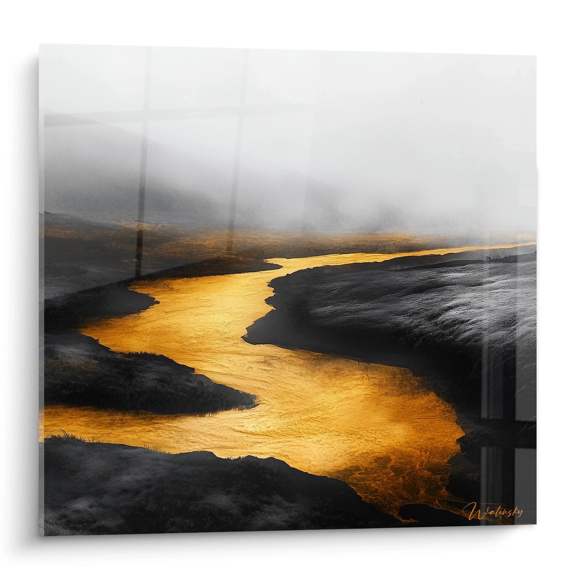 Tableau expressionniste abstrait de Walensky représentant une rivière dorée au milieu de brouillard