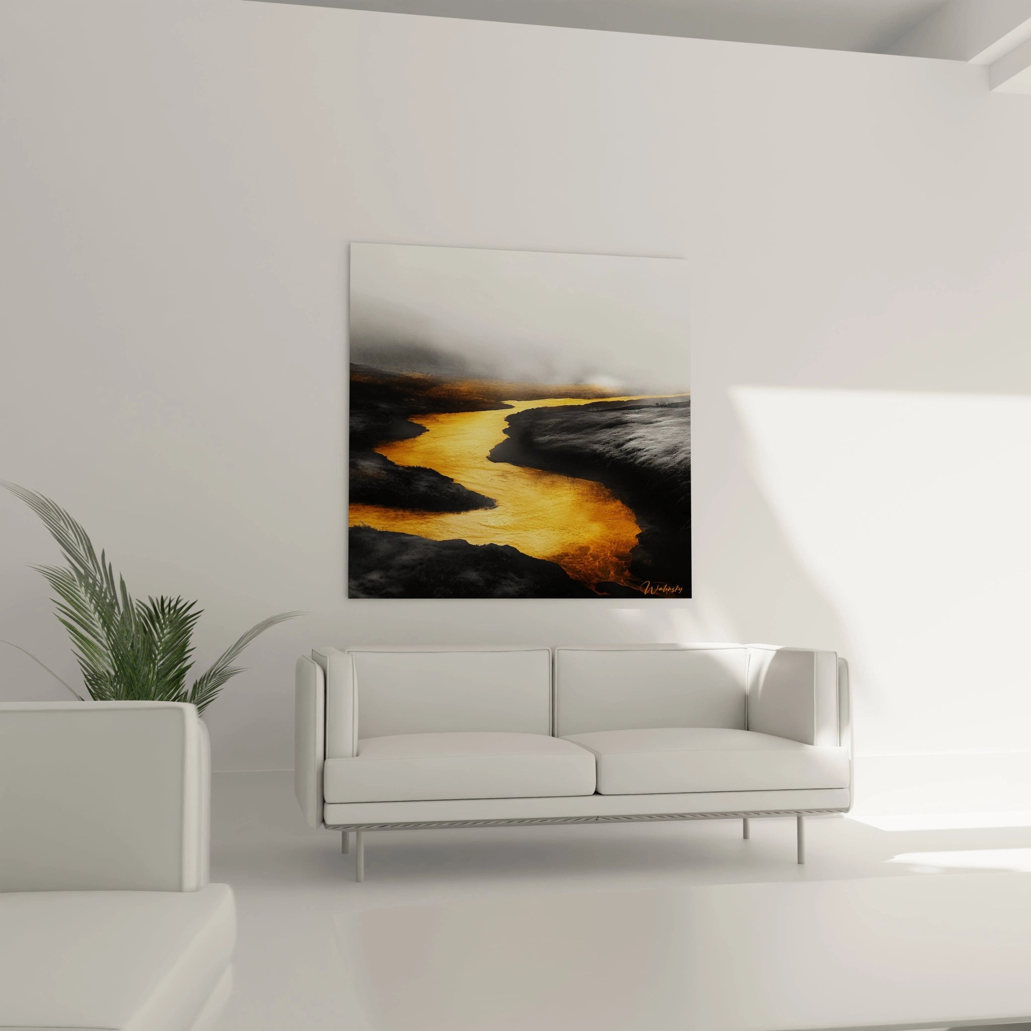 Tableau expressionniste abstrait Walensky avec un paysage aux couleurs dorées et noires sur un mur blanc