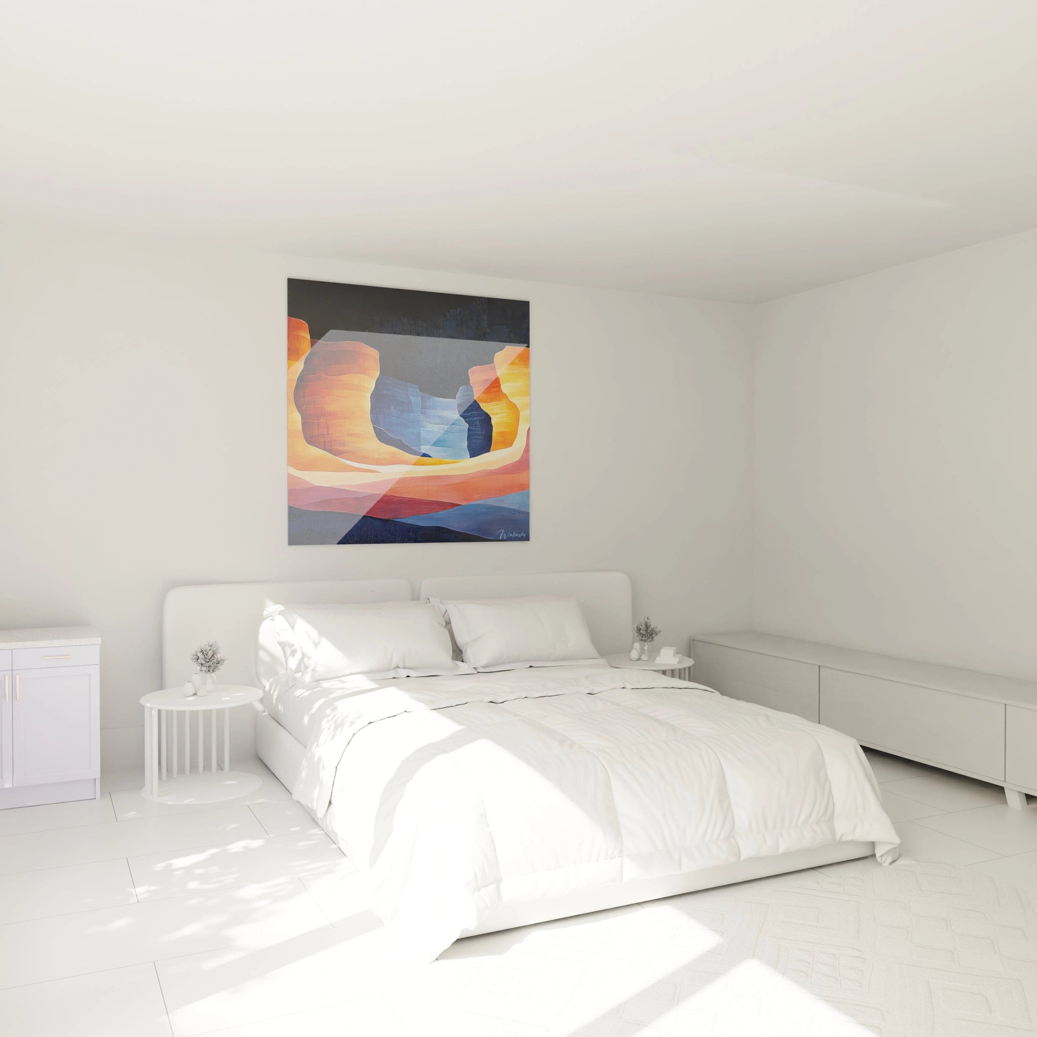 Tableau canyon aux parois sculptées orange flamboyant encadrant une gorge bleue centrale, avec des dégradés lumineux et des strates horizontales roses et bleues créant une impression de profondeur et de chaleur désertique.