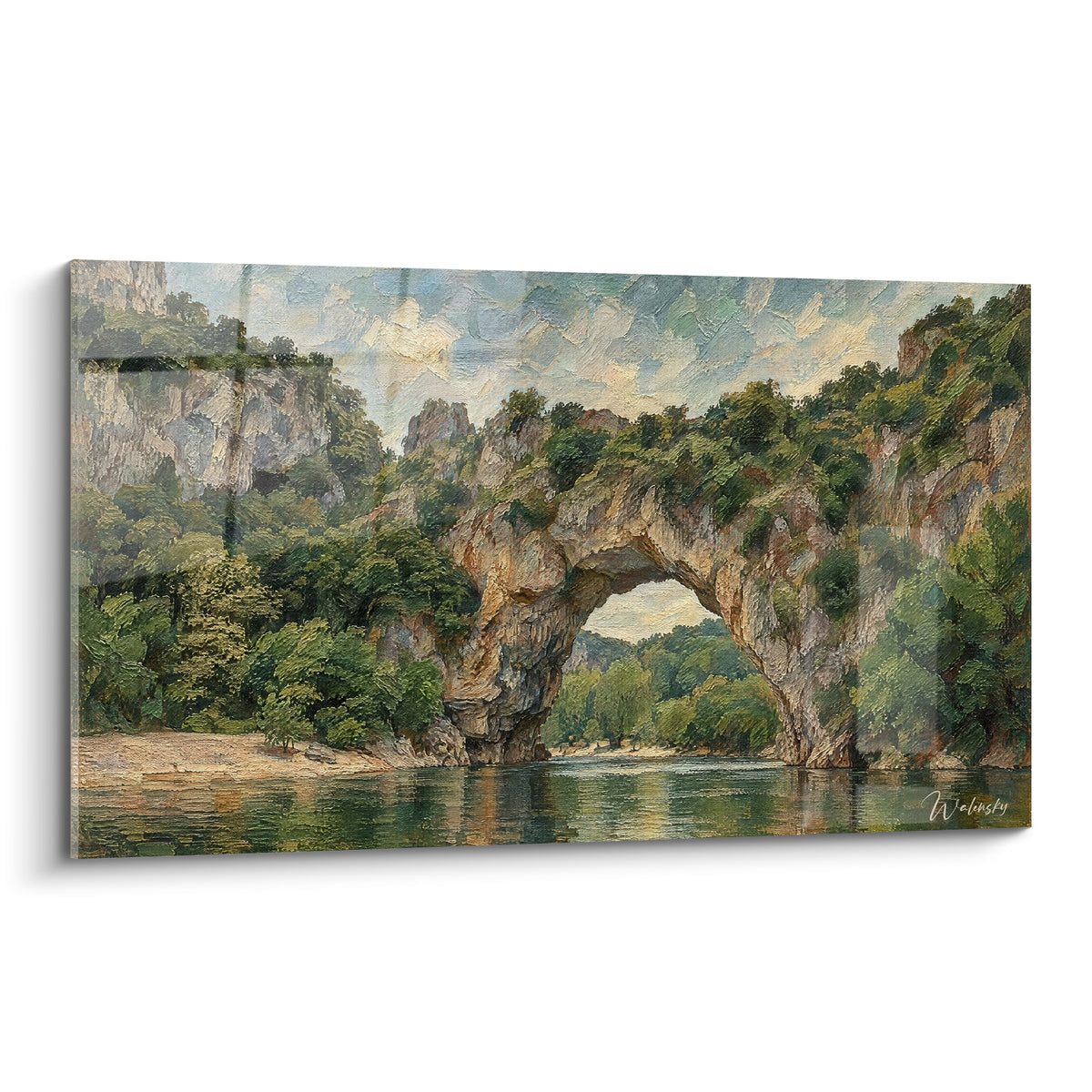 Gemälde natürlicher Felsbogen in Ocker und Grün über einem ruhigen Fluss gemalt, pastose Pinselstriche aus dem Vallon-Pont-d'Arc