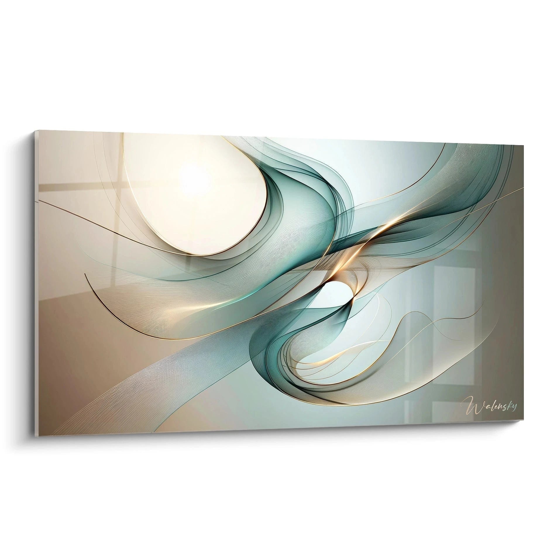 Tableau abstrait représentant des courbes fluides translucides sur fond beige pâle. Lignes ondulantes en teintes de turquoise, blanc et touches dorées. Texture diaphane avec rubans superposés et filaments fins créant un effet de profondeur. Composition élégante aux formes gracieuses et entrelacées évoquant un mouvement aérien.