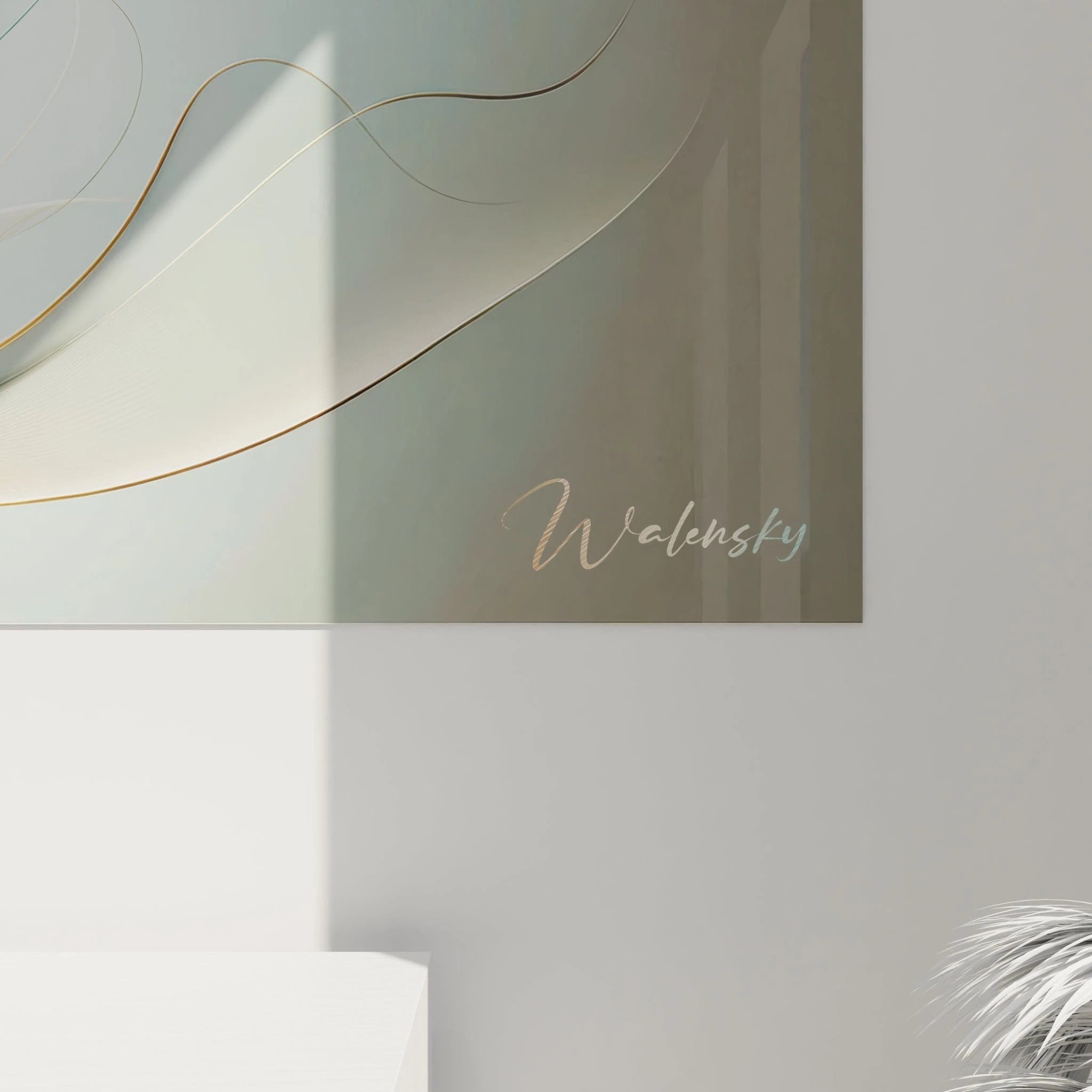 Tableau abstrait présentant des rubans aériens en mouvement gracieux. Gamme de couleurs douces de bleu-vert, blanc ivoire et reflets dorés sur fond neutre. Texture délicate avec lignes fines formant des volumes transparents. Motif élégant de formes courbes et spiralées créant un ensemble harmonieux aux transitions fluides et subtiles.