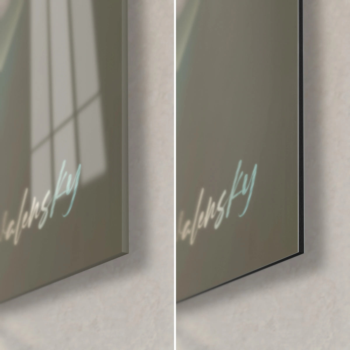 Wall art of airy curves in sage green and beige, lower right corner, glossy acrylic glass with reflections against matte Dibond aluminium, 3 mm thick