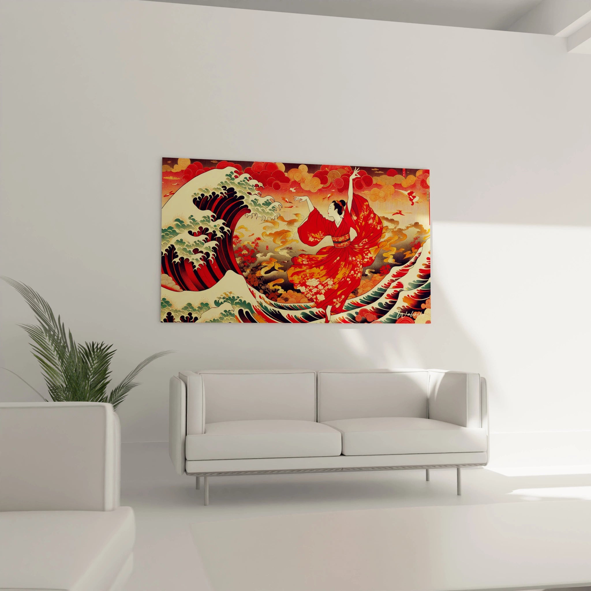 Accroche au mur ce tableau asie illumine la chambre grace au kimono rouge motifs floraux et la vague bleu profond parfait pour une atmosphere apaisante et elegante
