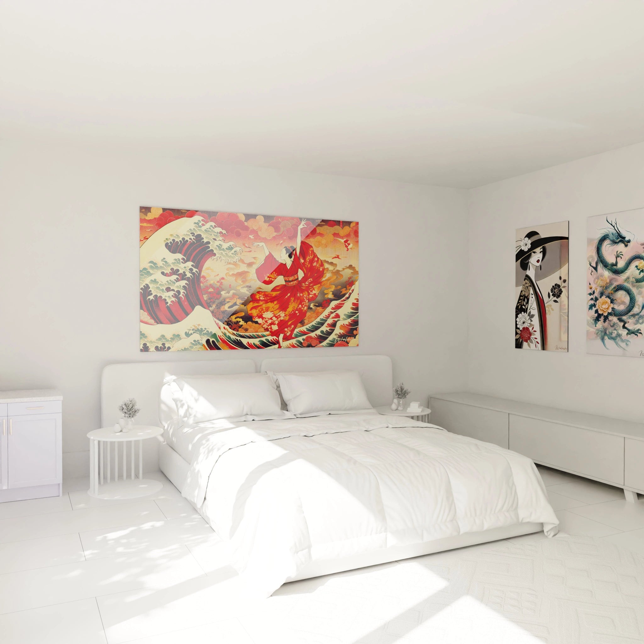 Ce tableau asie devient le centre du salon la danseuse en kimono rouge et la vague aux nuances dorees ajoutent dynamisme et serenite a votre espace interieur