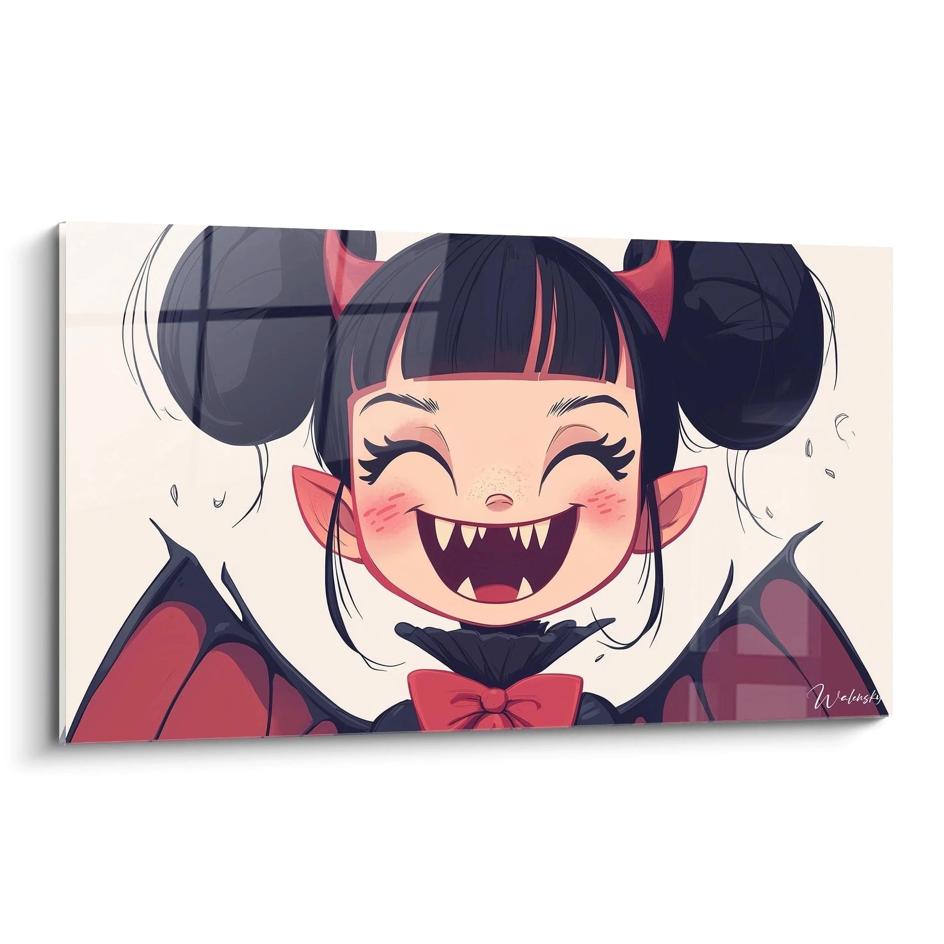 Un tableau vampire pour enfant représentant un personnage souriant avec des crocs pointus, des ailes sombres et des cornes rouges, sur fond clair. Teintes dominantes : noir, rouge et beige.
