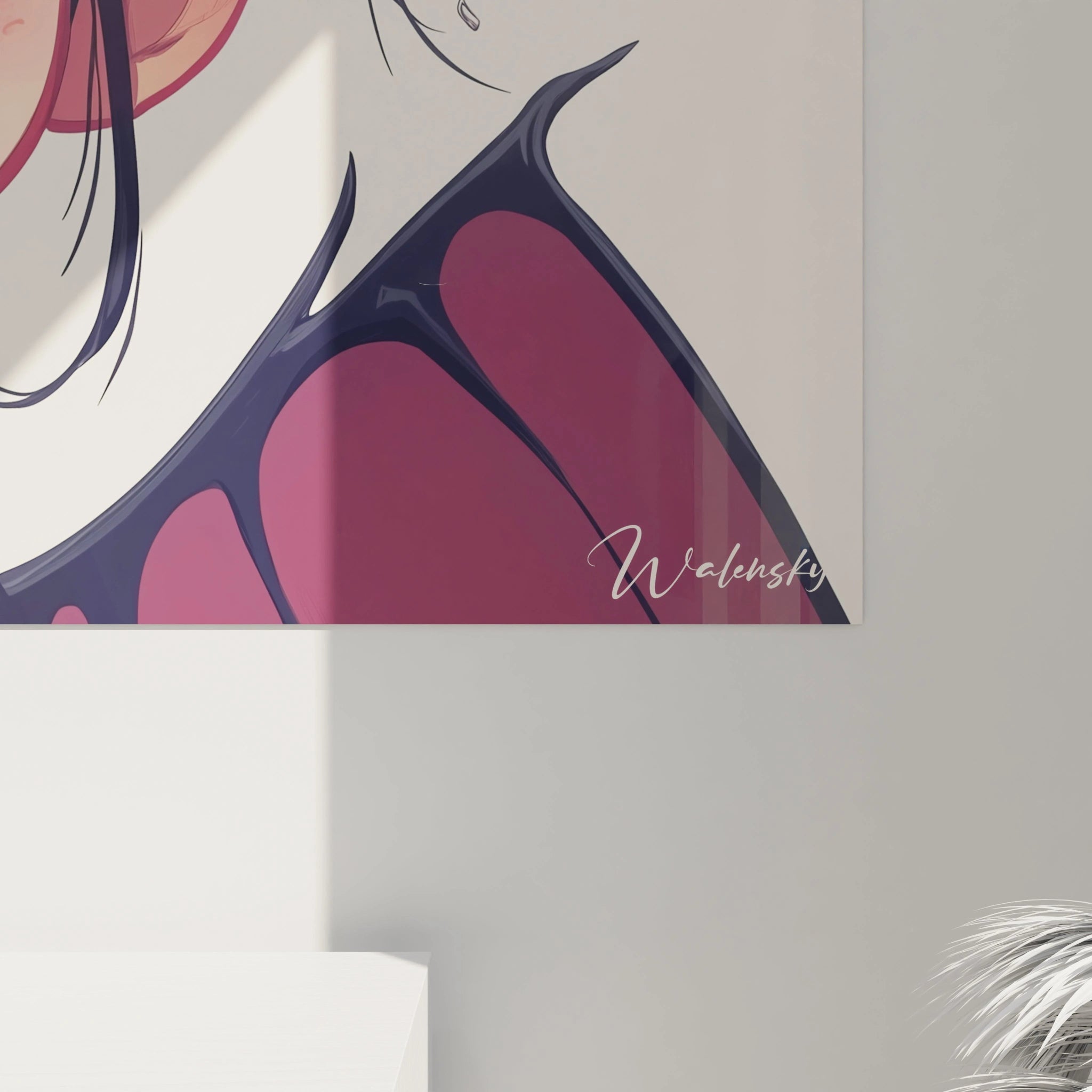 Un tableau vampire pour enfant montrant un personnage expressif aux crocs visibles, aux cheveux noirs volumineux et aux ailes détaillées. La palette de couleurs comprend du noir profond, du rouge et du beige.