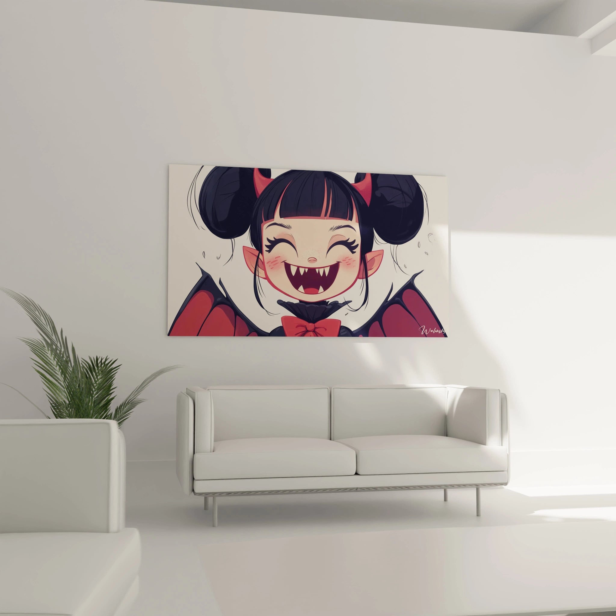 Un tableau vampire pour enfant mettant en scène une figure avec des traits arrondis, des ailes sombres et un nœud papillon rouge. La texture est lisse avec des contrastes entre ombres et lumières.