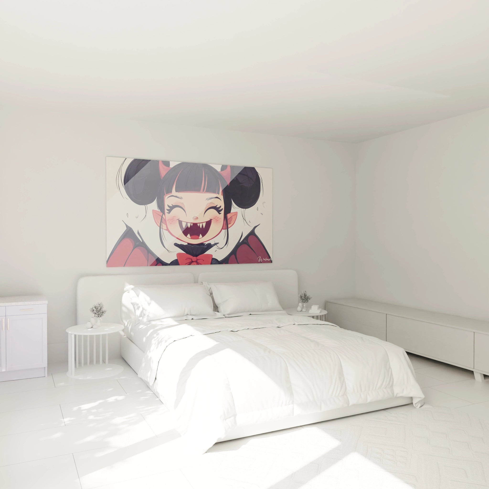 Un tableau vampire pour enfant illustrant un vampire stylisé aux oreilles pointues et aux cheveux noirs symétriques. Les couleurs principales incluent du rouge, du noir et des nuances beiges sur un fond épuré.