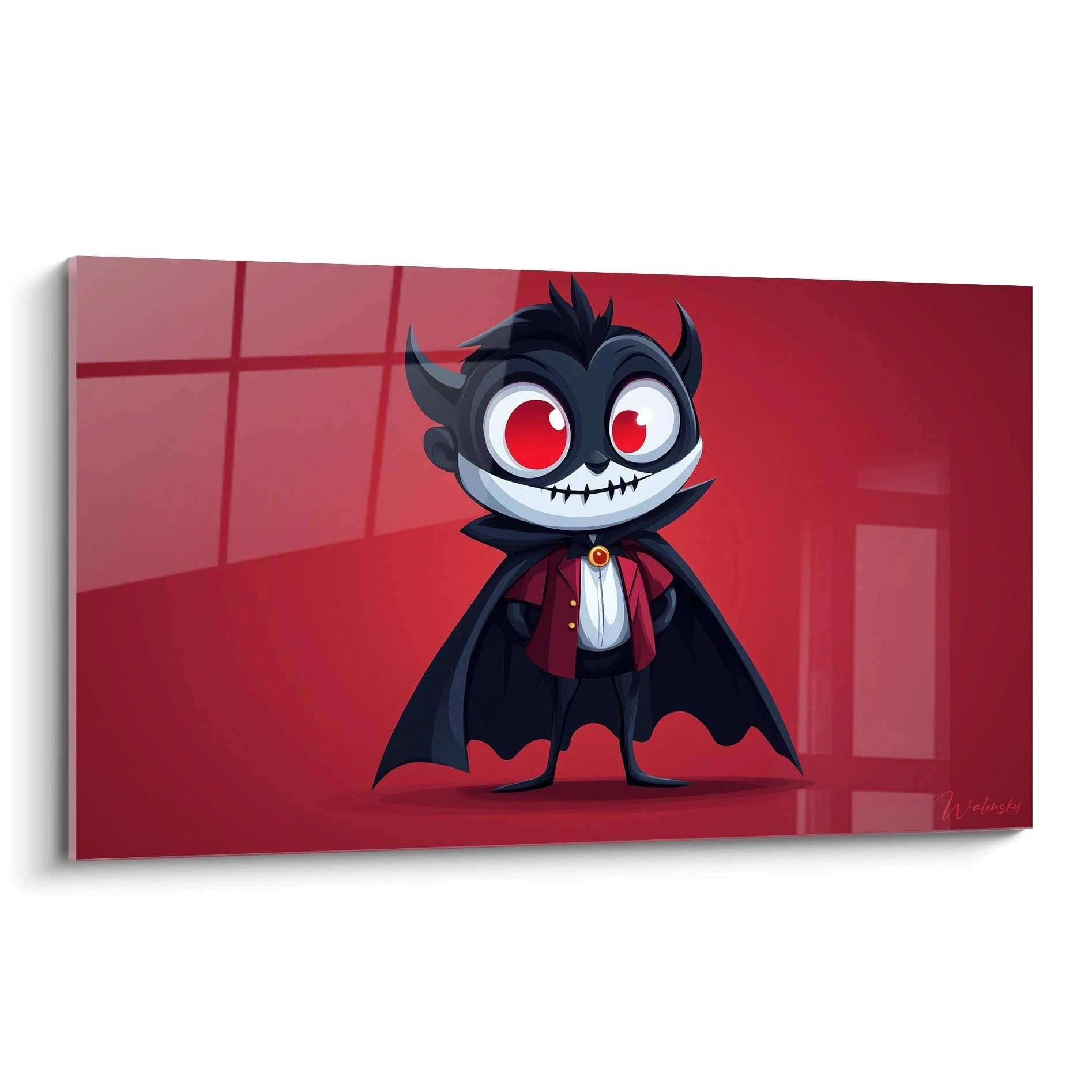 Un tableau vampire pour enfant reprĂ©sentant un personnage aux yeux rouges et au sourire cousu, vĂȘtu de noir et rouge, sur un fond rouge dĂ©gradĂ©. Les textures sont lisses avec des ombrages nets.