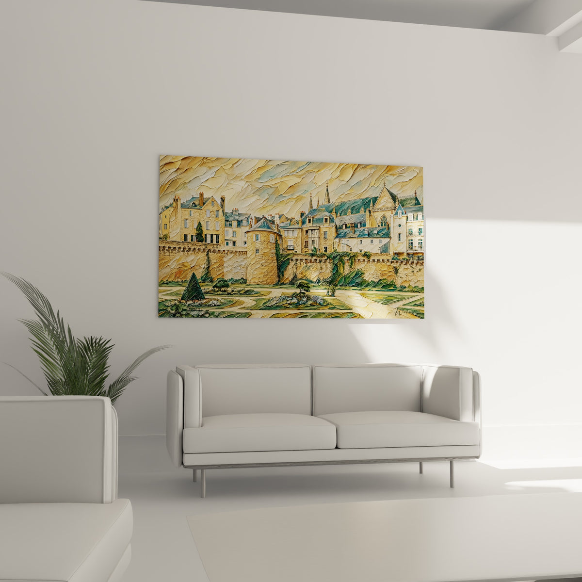 Façades dorées et tourelle de pierre dominant des jardins verts, au-dessus d'un canapé dans un salon lumineux