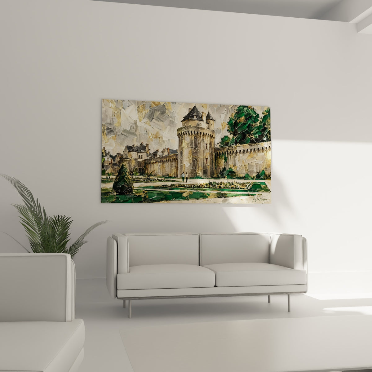 Promeneurs minuscules devant la tourelle beige et anthracite, au-dessus d'un canapé dans un salon lumineux