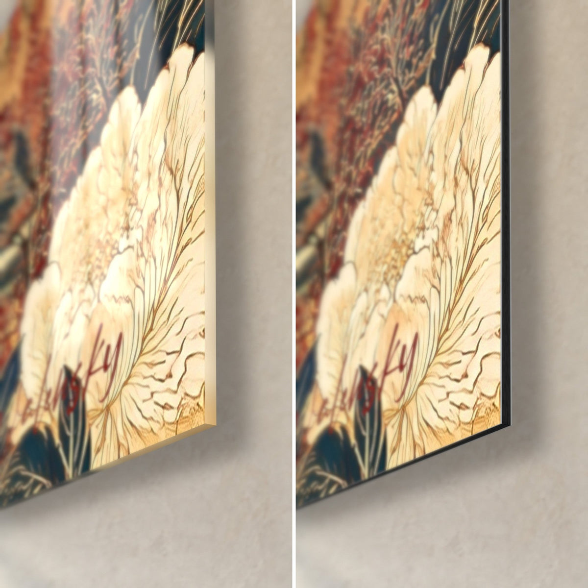 Wall art ramparts of Vannes, cream peony and midnight blue foliage, bottom-right corner in glossy glass and matte Dibond aluminium, 3 mm edge