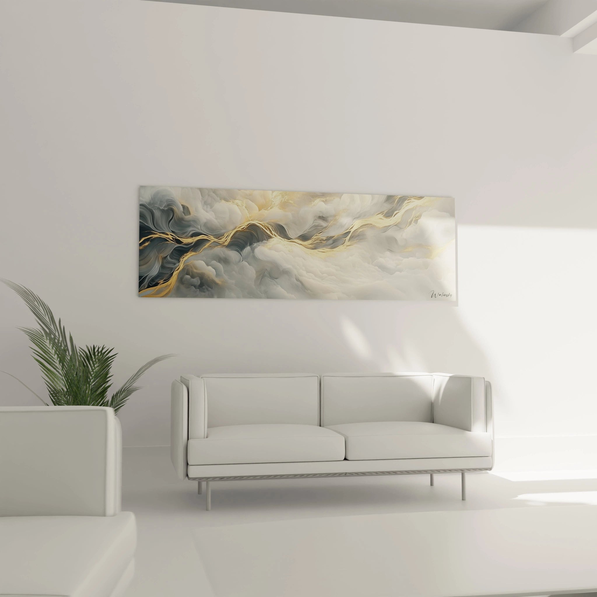 Tableau moderne abstrait de Walensky avec des nuances de gris et doré pour une décoration élégante