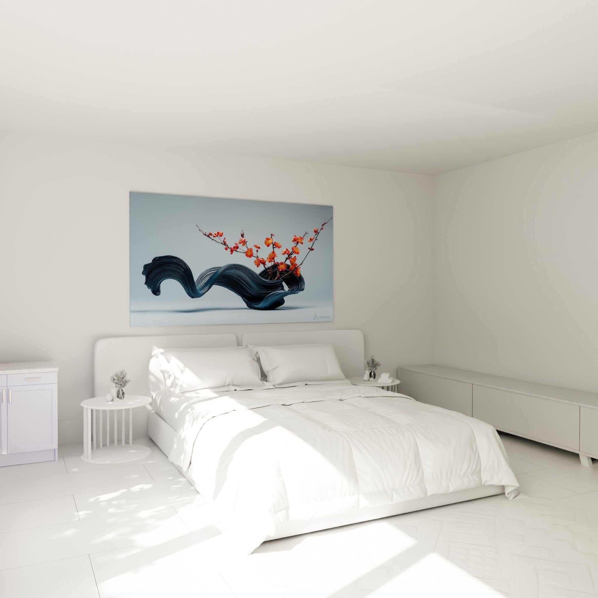 Contemporary blue vase painting with orange flowers in modern bedroom, zen ikebana wall art decoration