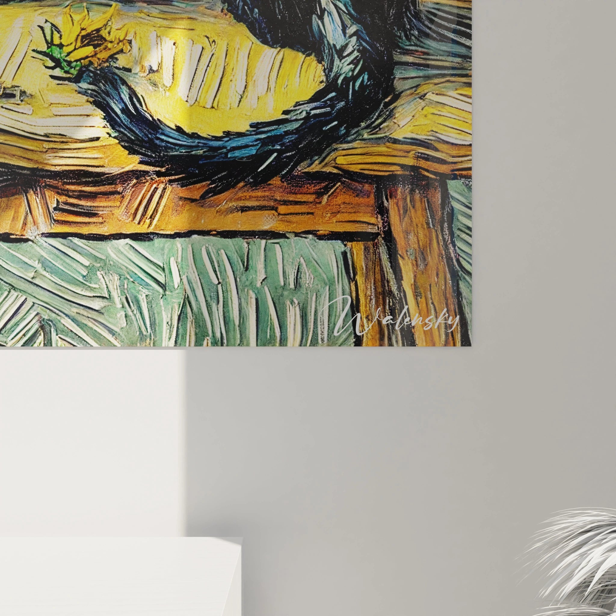 Admirez les détails subtils de ce tableau chat. Le chat noir et les tournesols vibrants révèlent des textures riches, capturant à la fois la beauté florale et la grâce féline.